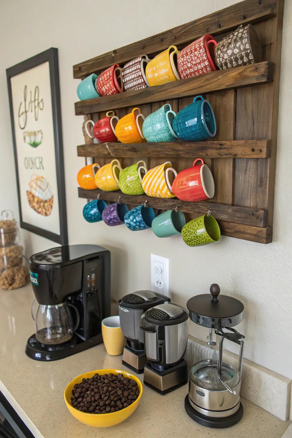 An inventive mug display enhancing your space.
