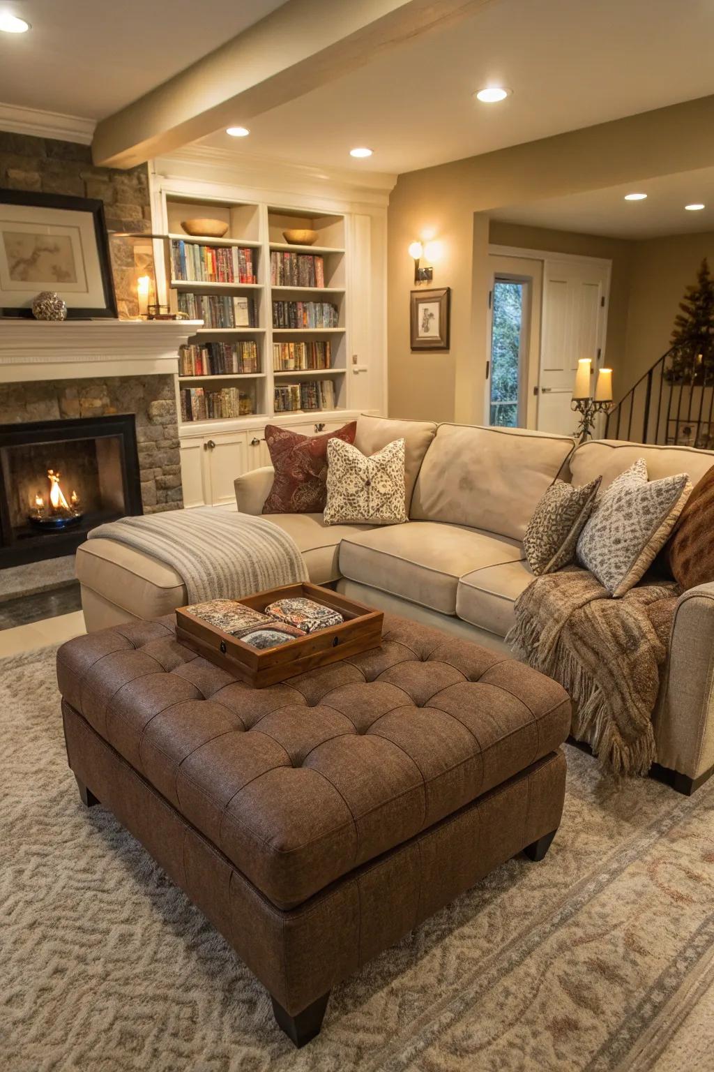 A padded stool offers comfort and versatility as a center table with a modular couch.