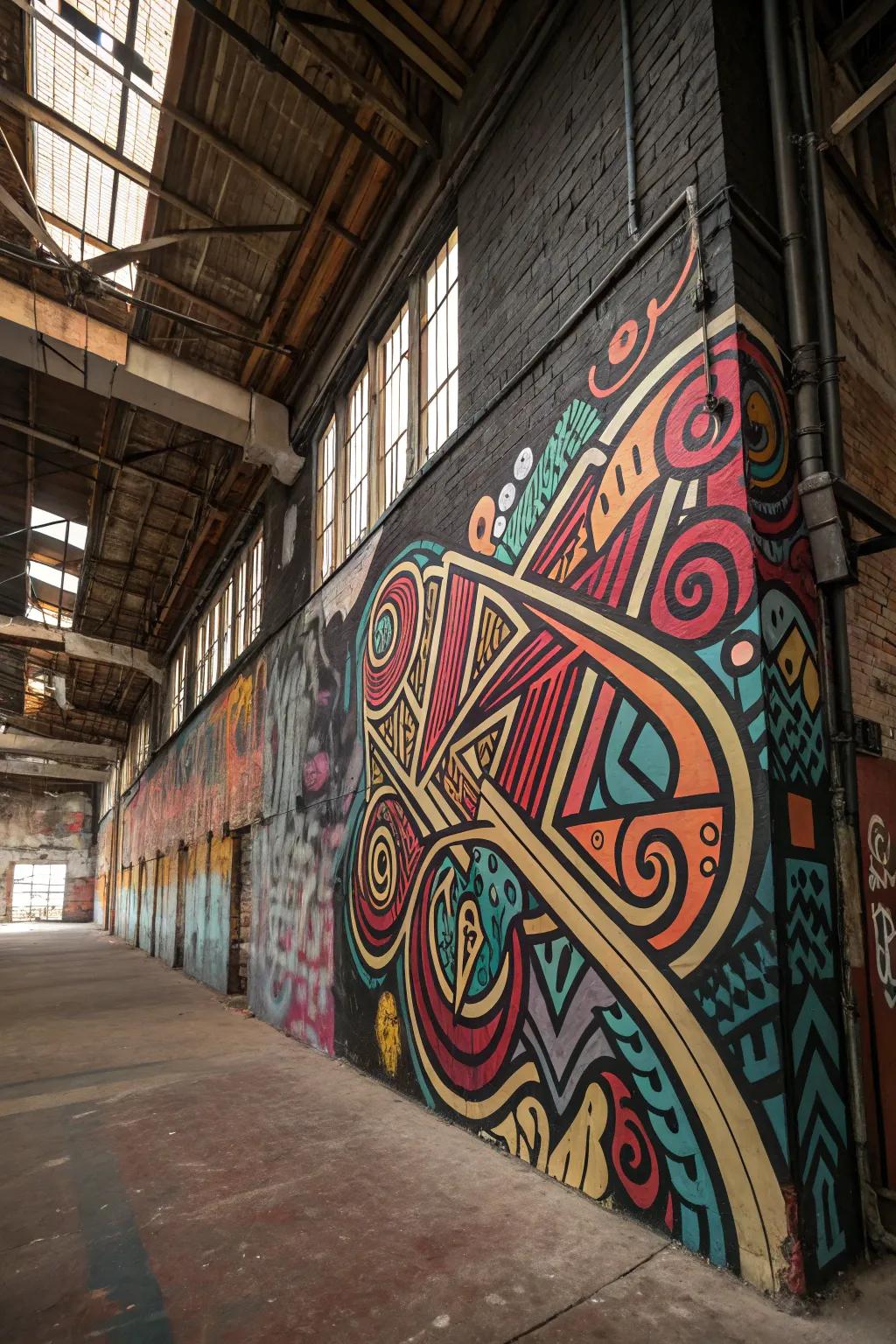 A loft wall adorned with detailed complex style graffiti.