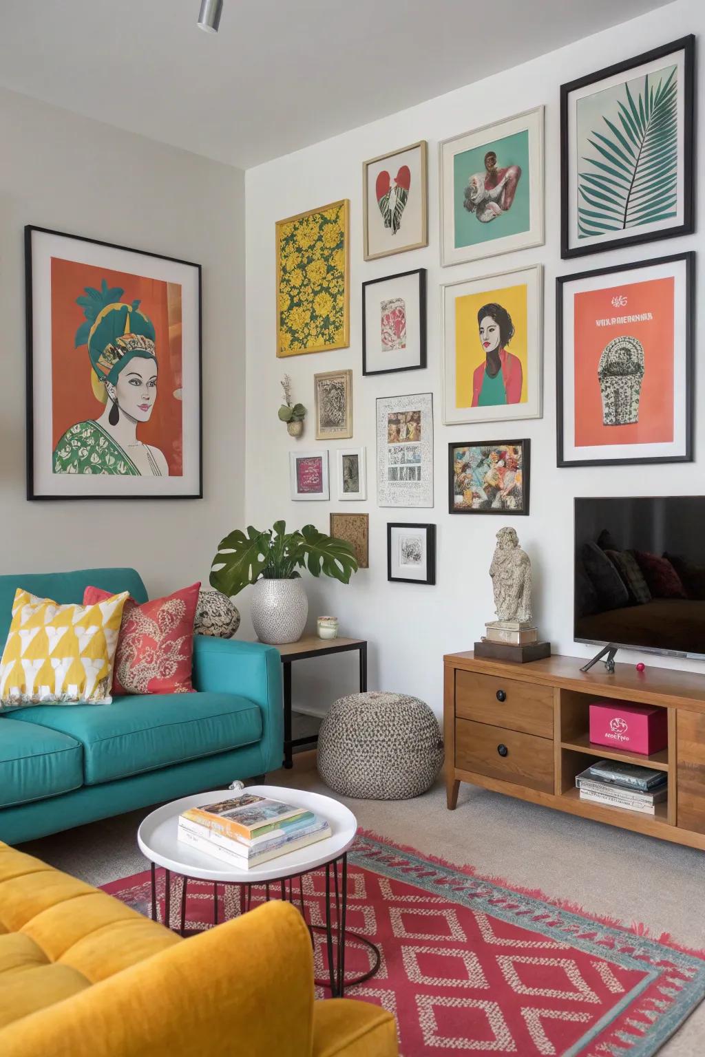 A curated display featuring vibrant shades adds a personal element to the living room.