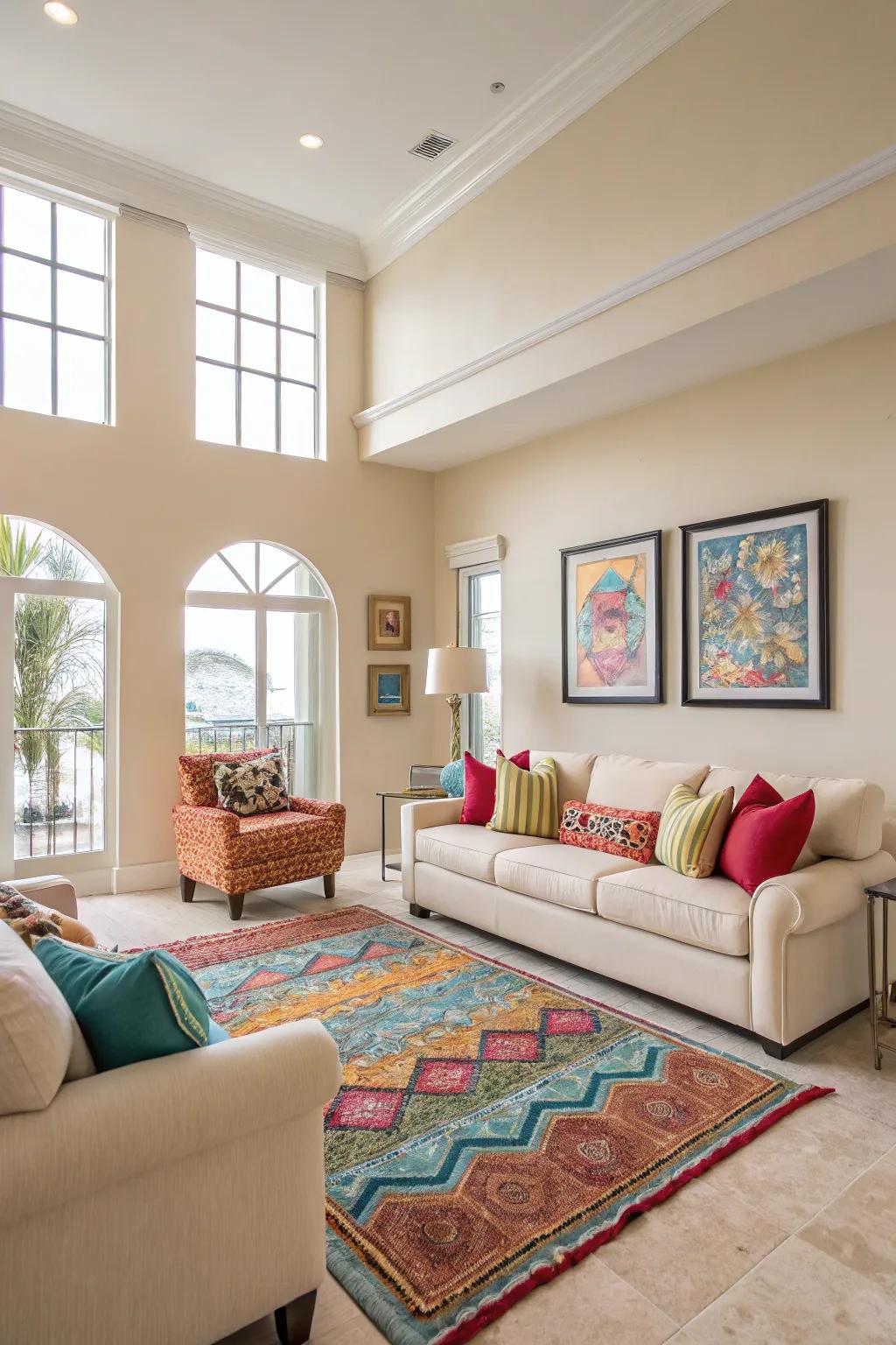 A condominium interior featuring a neutral color scheme with vibrant accents.