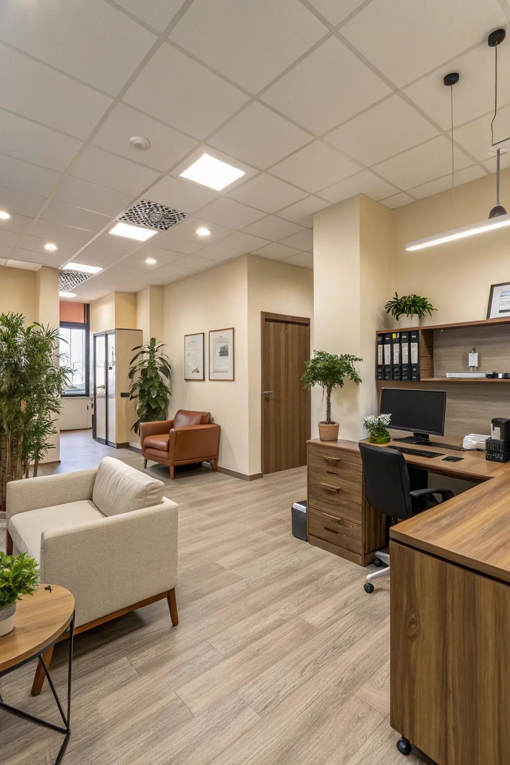An office interior featuring a muted color scheme with nature-inspired accents.