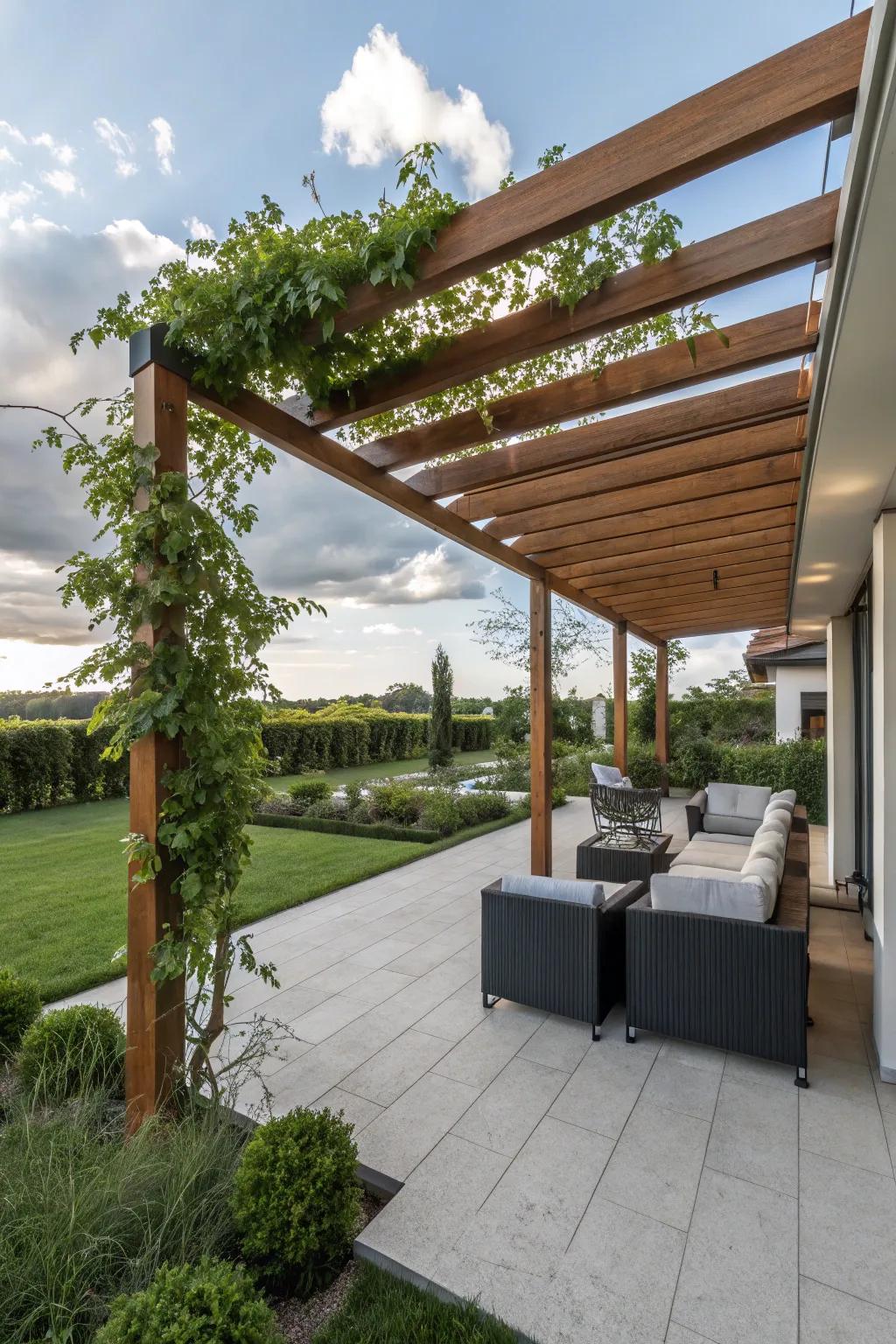 A fashionable timber arbor contributes charm and cover to a patio.