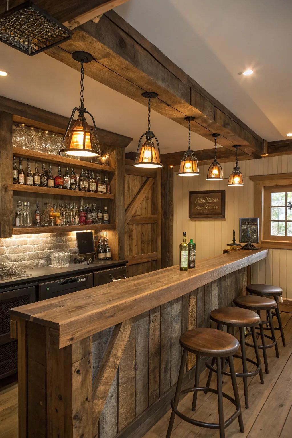 Create a cozy, at-home atmosphere with a rustic-themed bar.