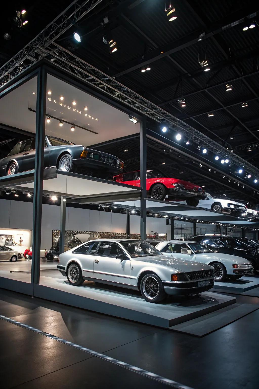 An automobile presentation garage showcasing cars accentuated by tailored lighting.