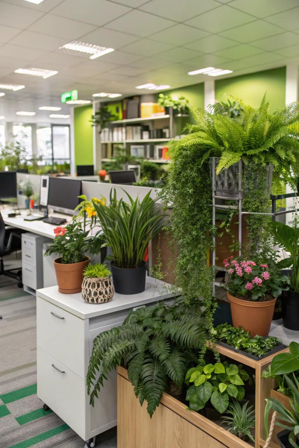 An office space improved by lush flora.