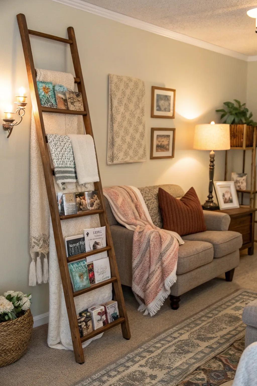 A decorative step-ladder infuses a rustic element and practical storage solutions into your corner area.