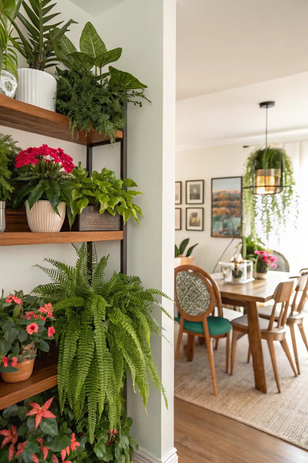 Establish a verdant refuge by showcasing lush plant displays on your shelves.
