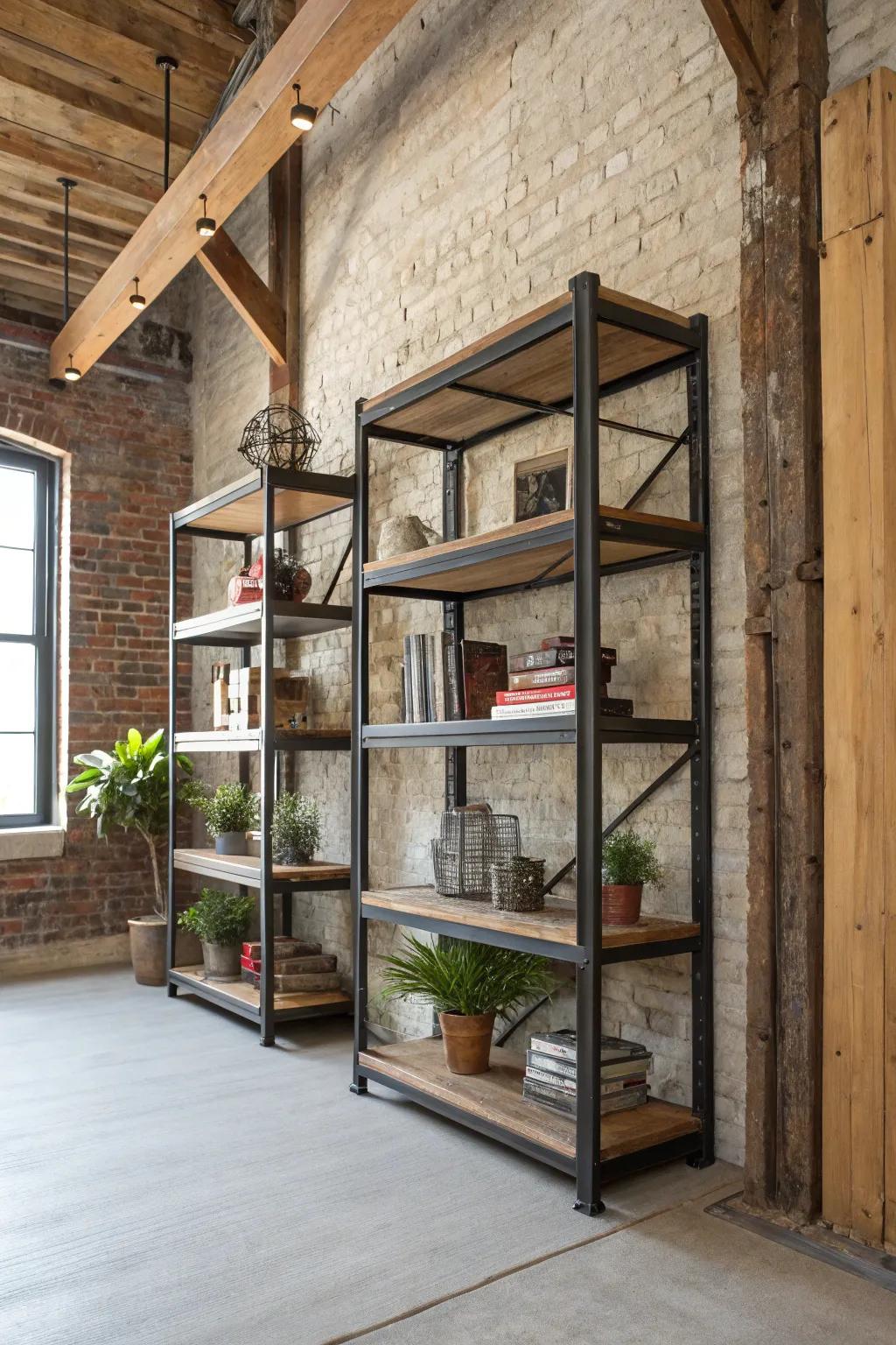 Industrial corner shelves in a loft-style setting.