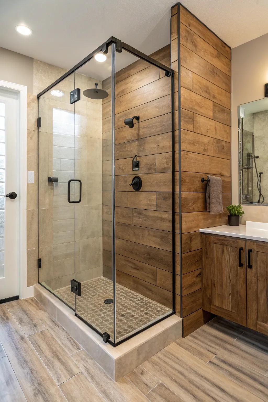 Timber-patterned squares usher in warmth and coziness to your corner shower.