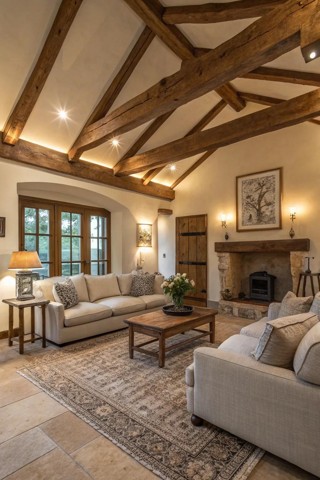 Timber beams which reflect histories of artistry and tradition.