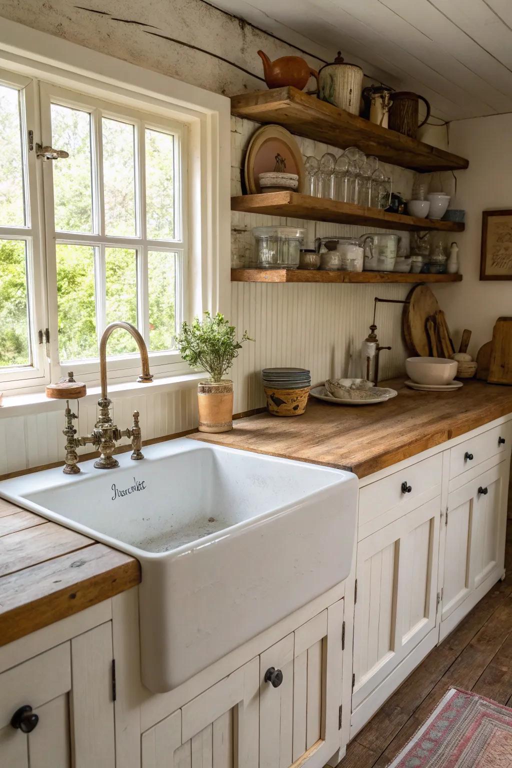 A butler sink acts as a rustic center point in this cottage kitchen.