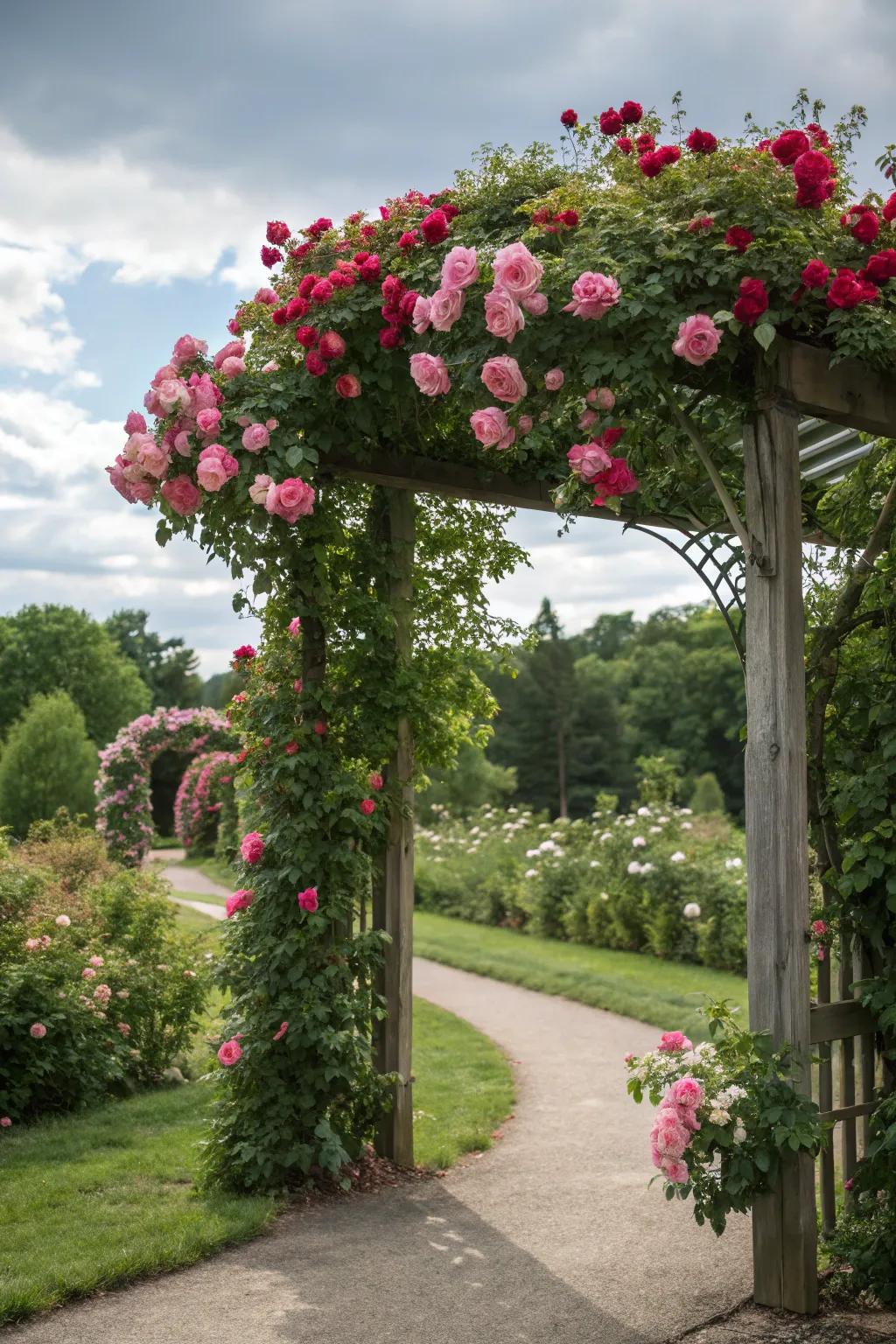 An enchanting archway adorned with climbing roses.