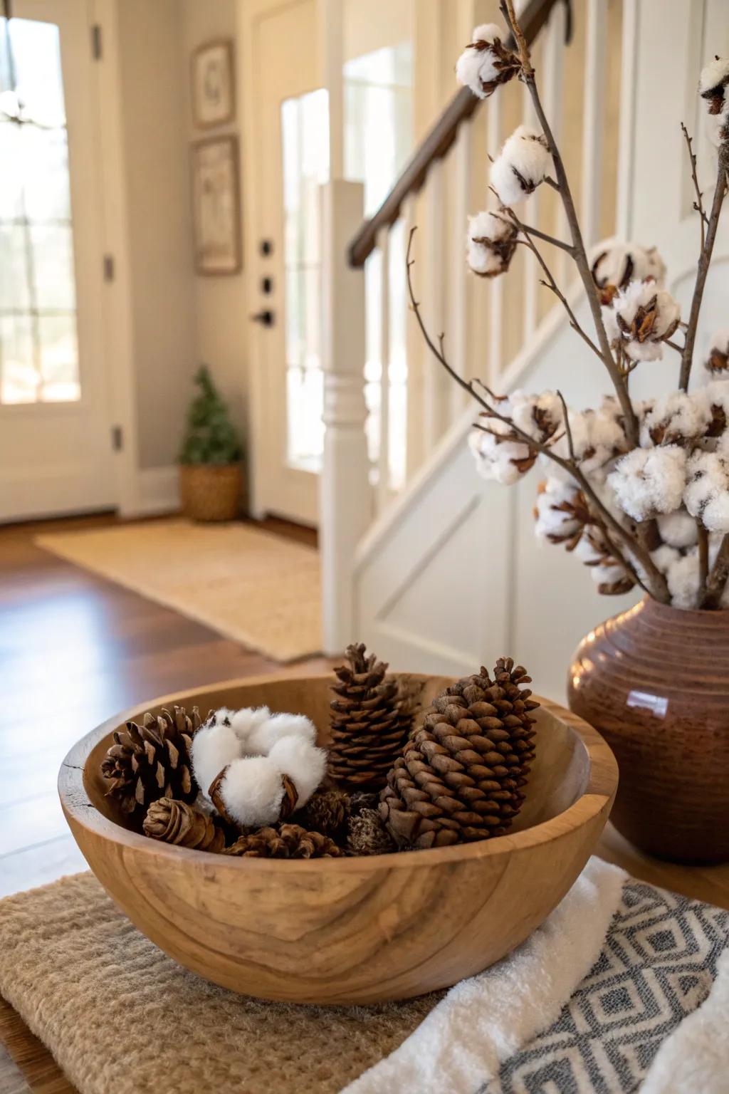 A welcoming entryway display featuring cotton and pine cones.