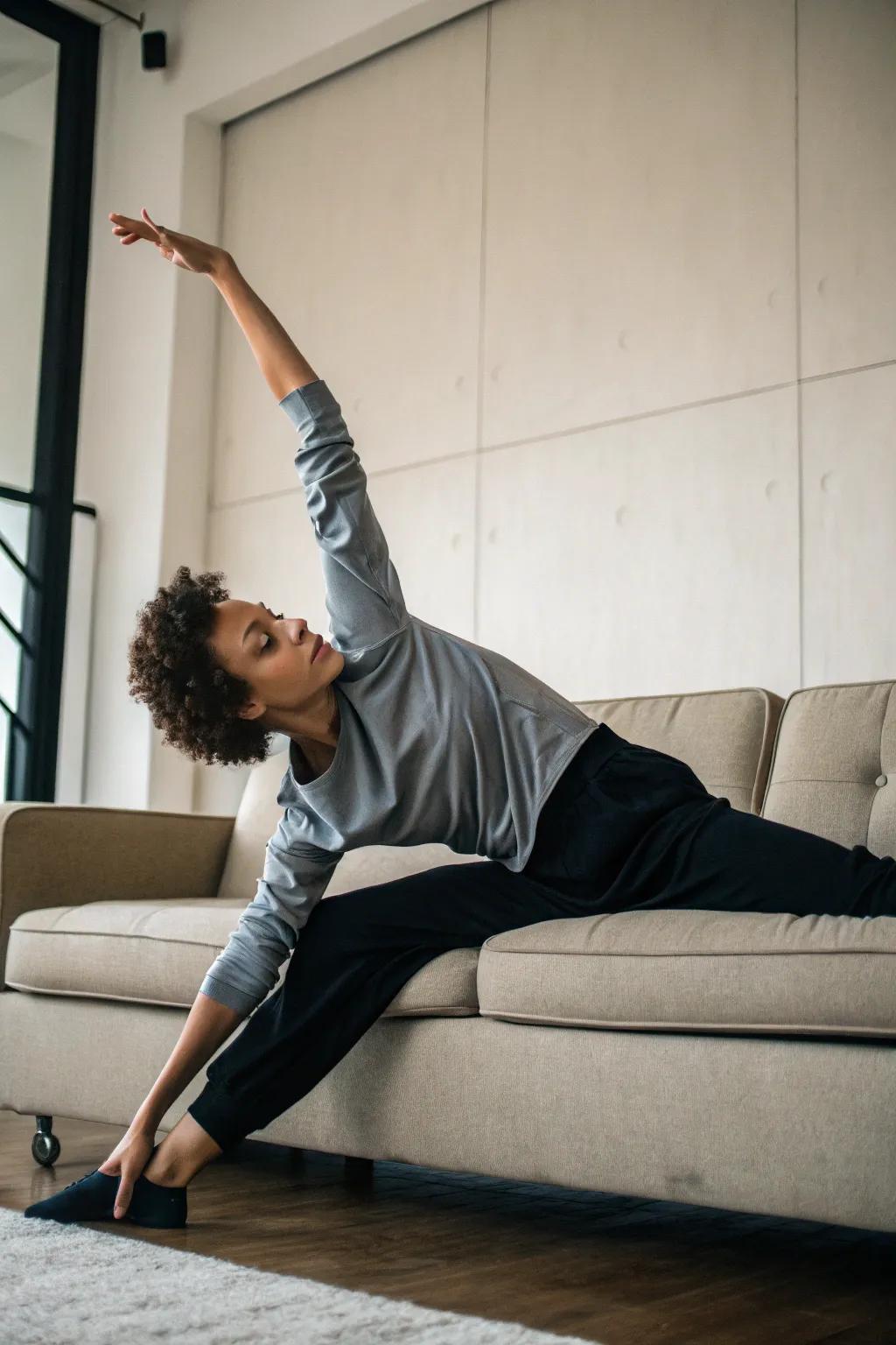 A sideways extension adds a dynamic touch to your couch pose.