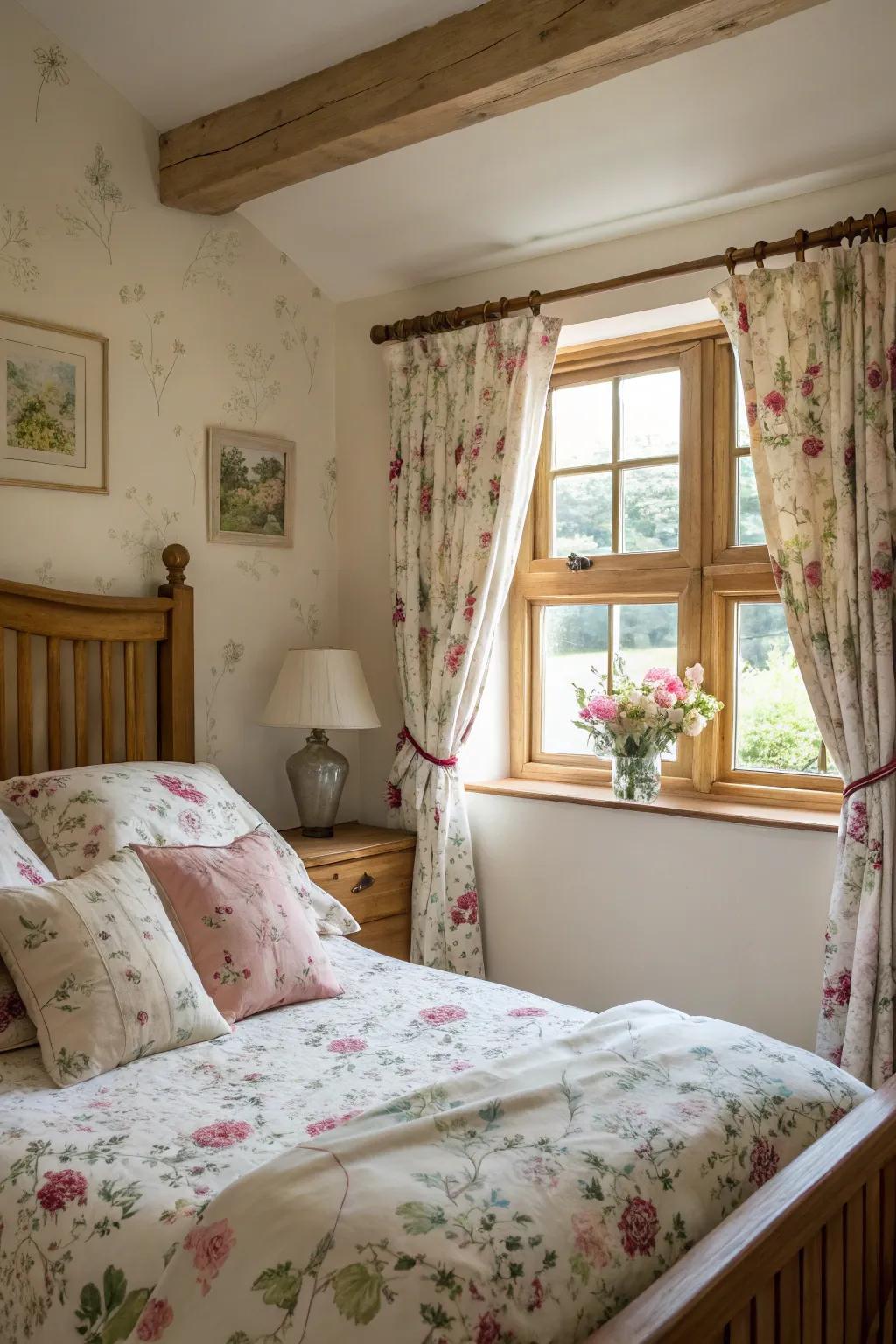 A boudoir featuring botanical textiles adding charm and nostalgia.