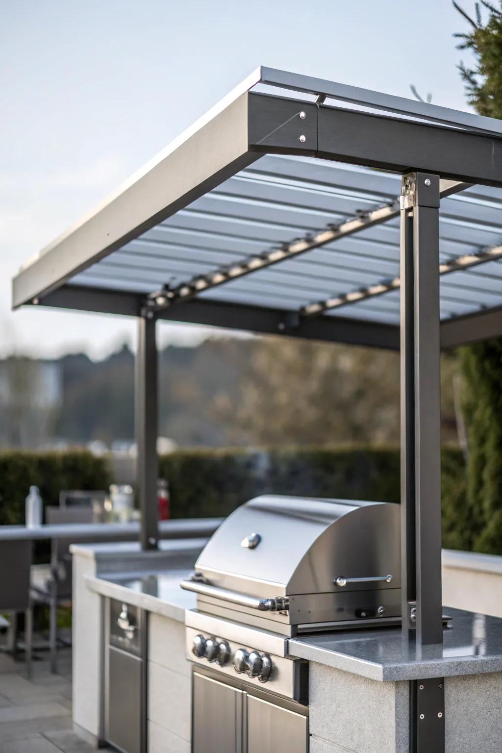 A streamlined, simple metallic roof providing a stylish cover for a cooking station.