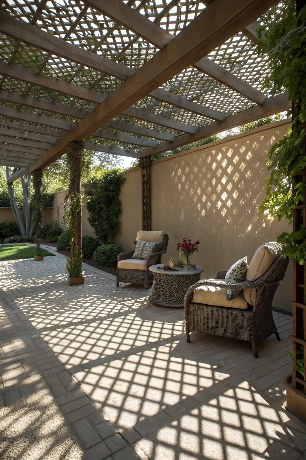 A crisscross patio enclosure imparts both flair and ease to any exterior space.