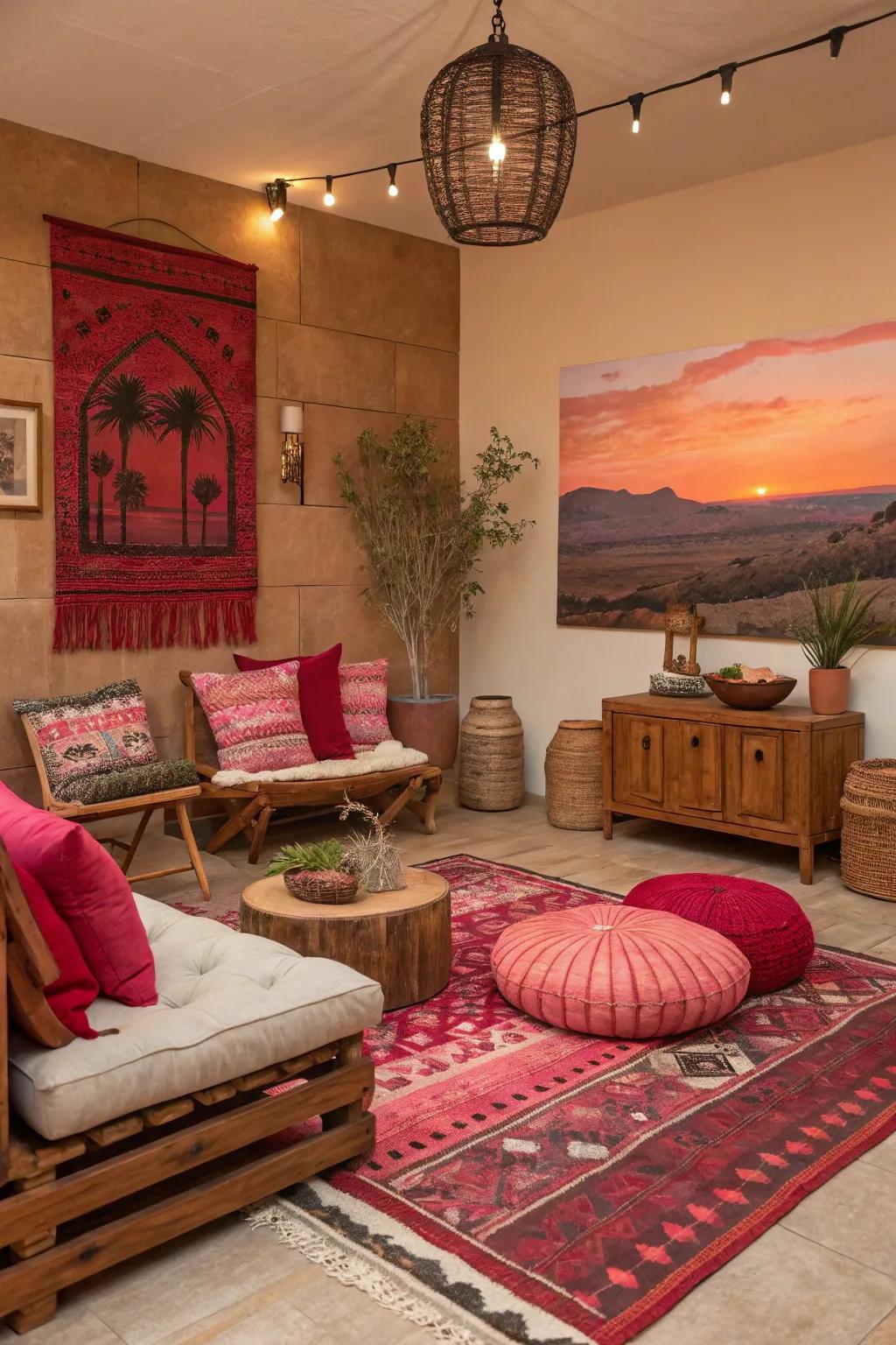 Earthy tones and vibrant touches create a warm ambiance.