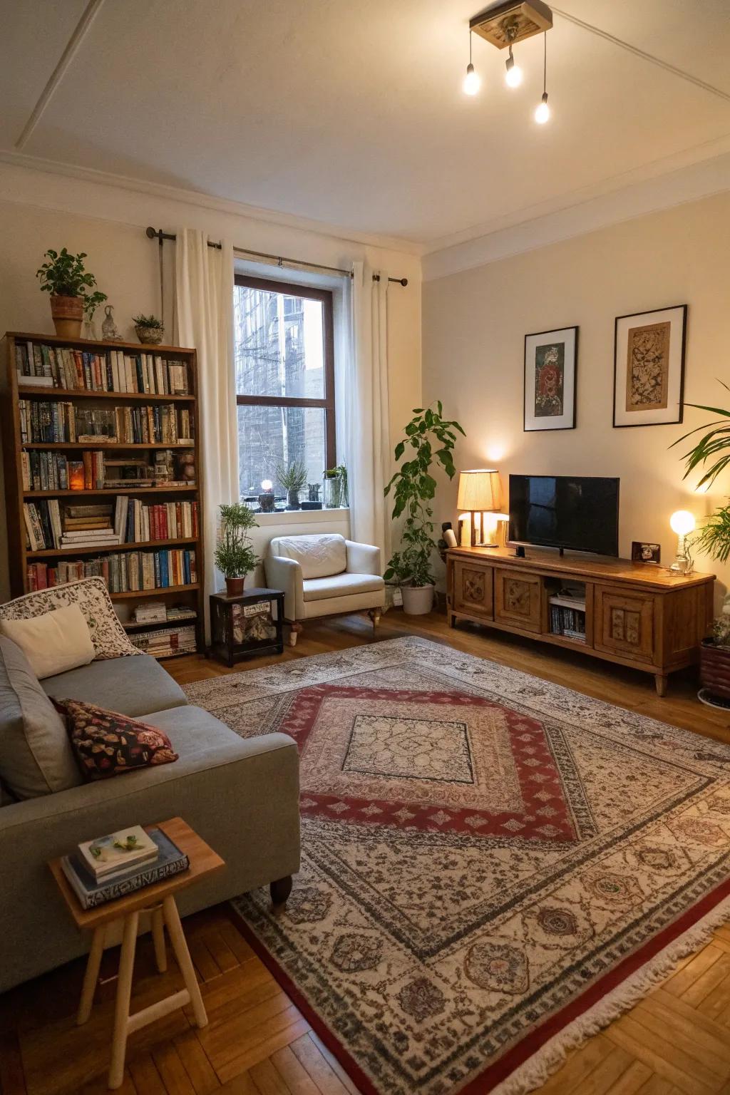 Rugs separating different areas in a studio apartment.