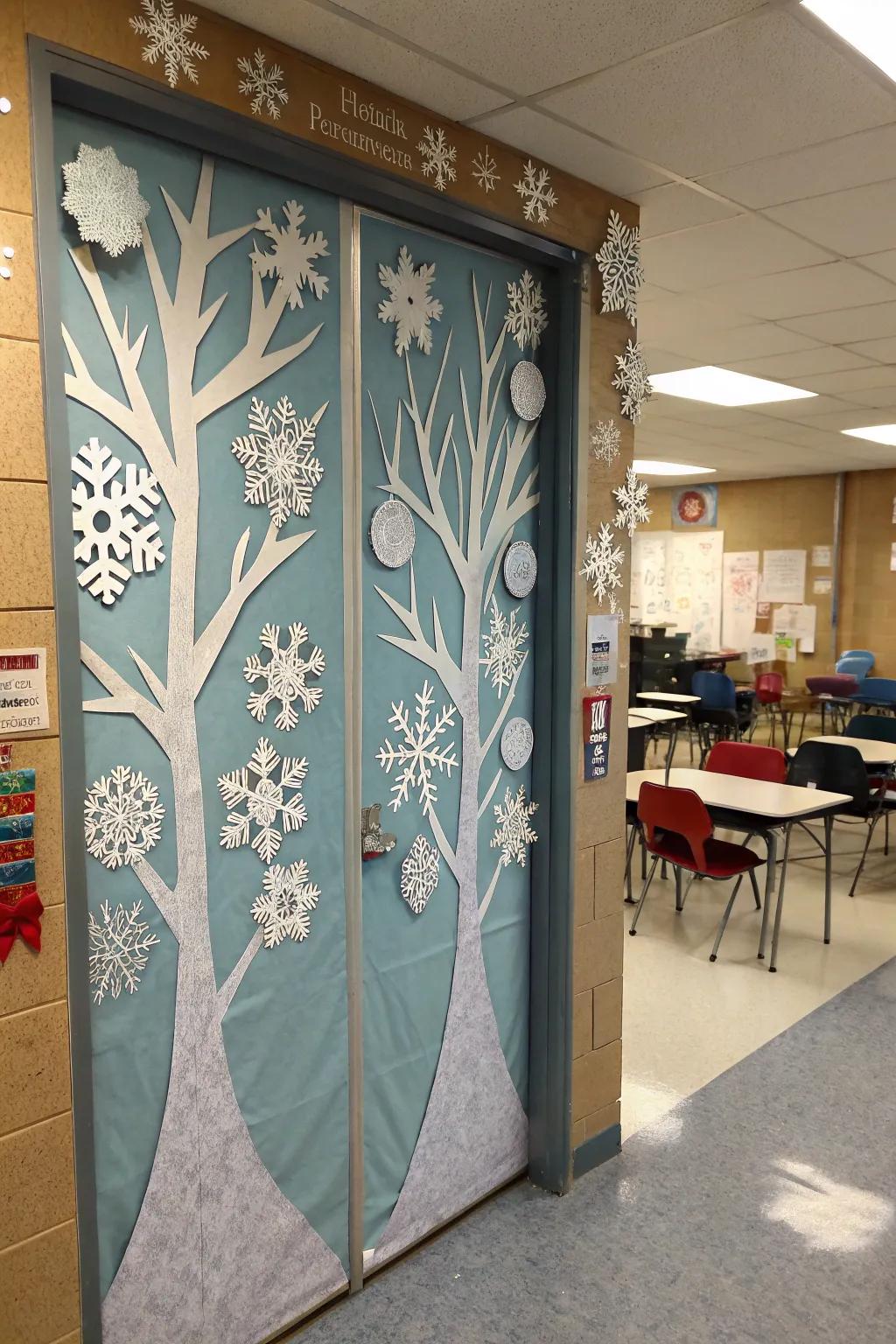 A classroom door altered into a placid winter wonderland with snowflakes and icy trees.