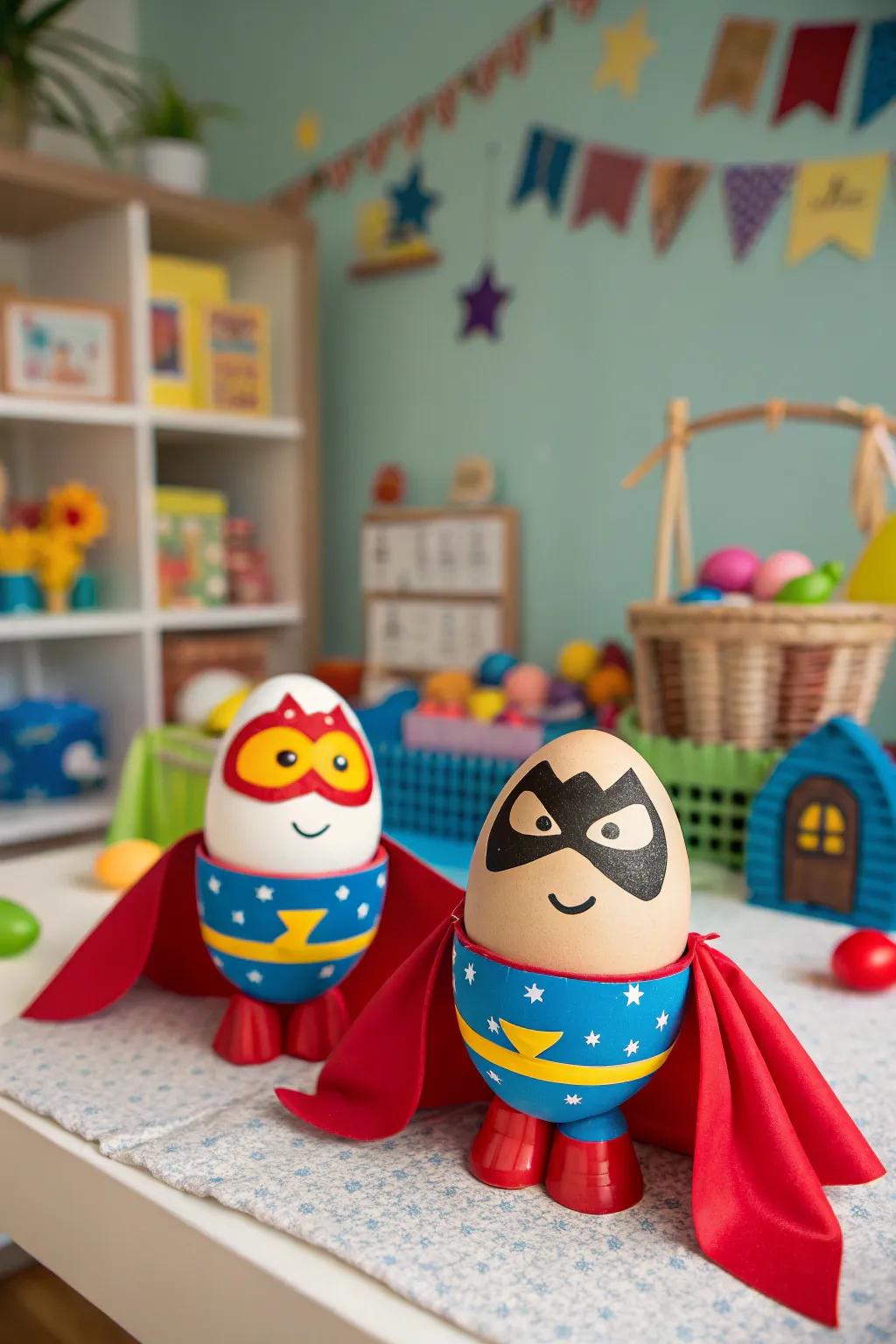 Eggs garbed as superheroes prepared to preserve the ambiance with playful embellishments.