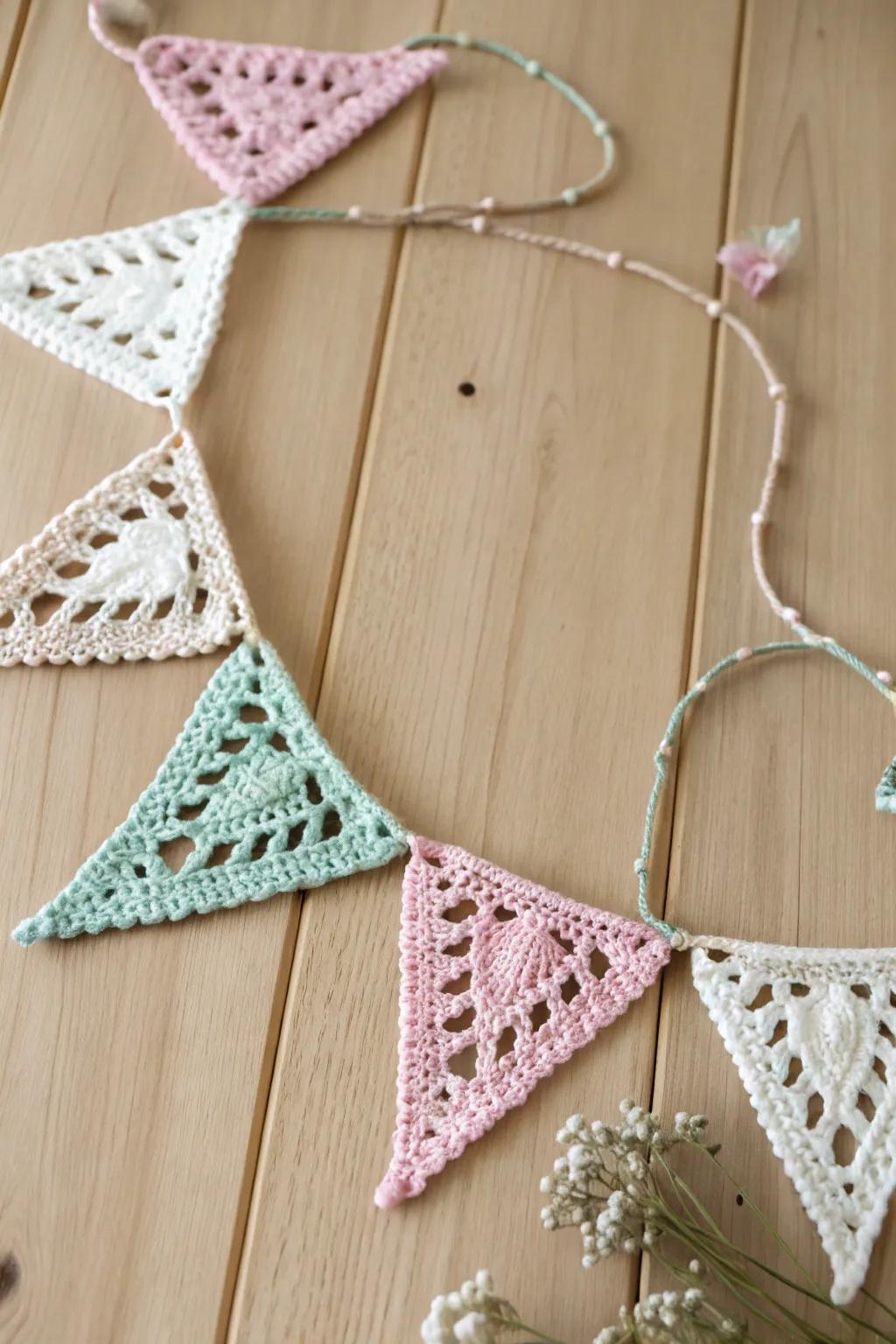 Infuse a touch of allure into your display with handmade crochet pennants, ideal for conjuring a cozy and inviting setting.