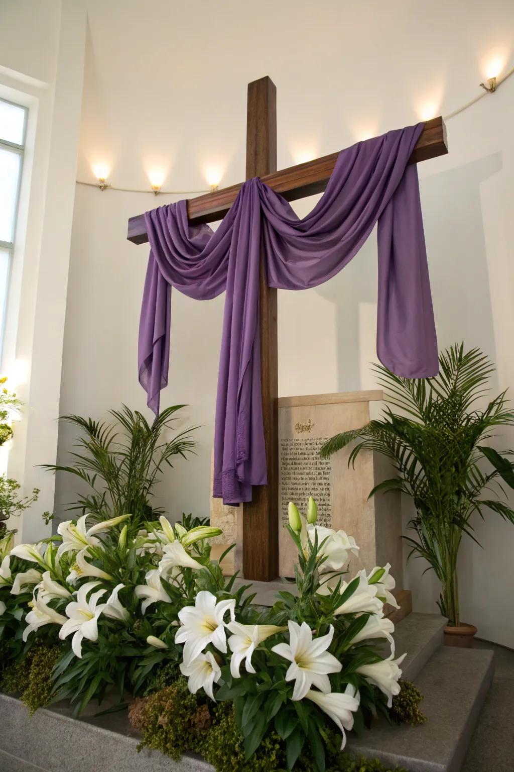 Figure with mauve covering and Easter lilies