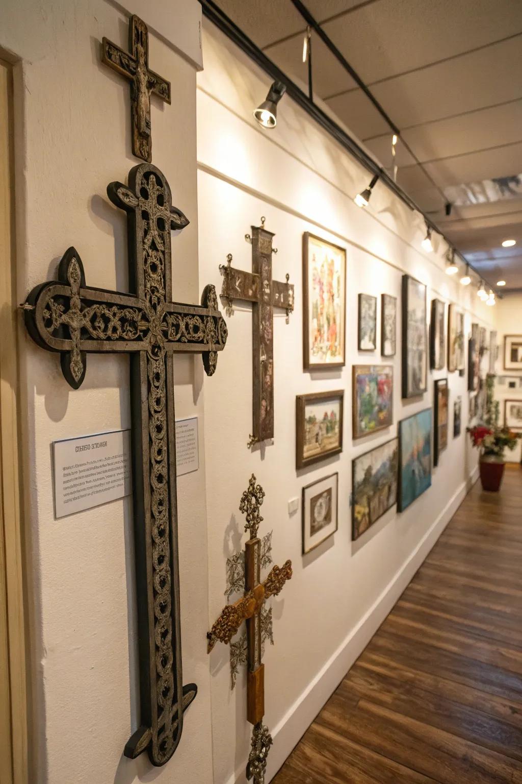 A gallery wall spotlighting a range of cross decorations.