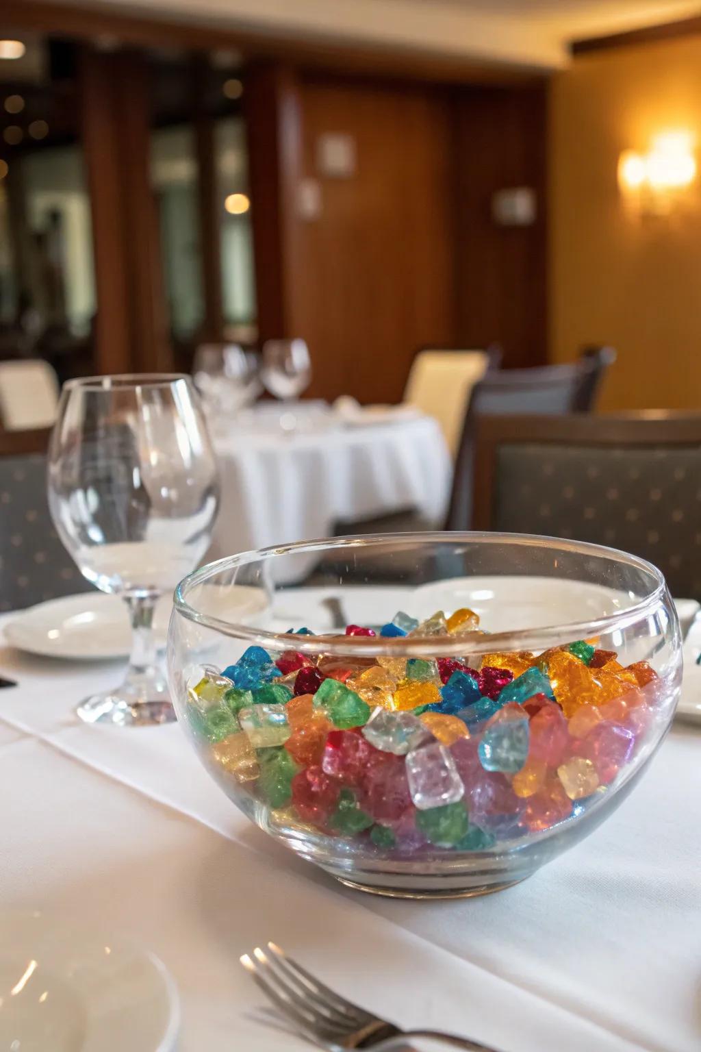 A transparent bowl abundant with tinted crystals, exuding a sophisticated charm.