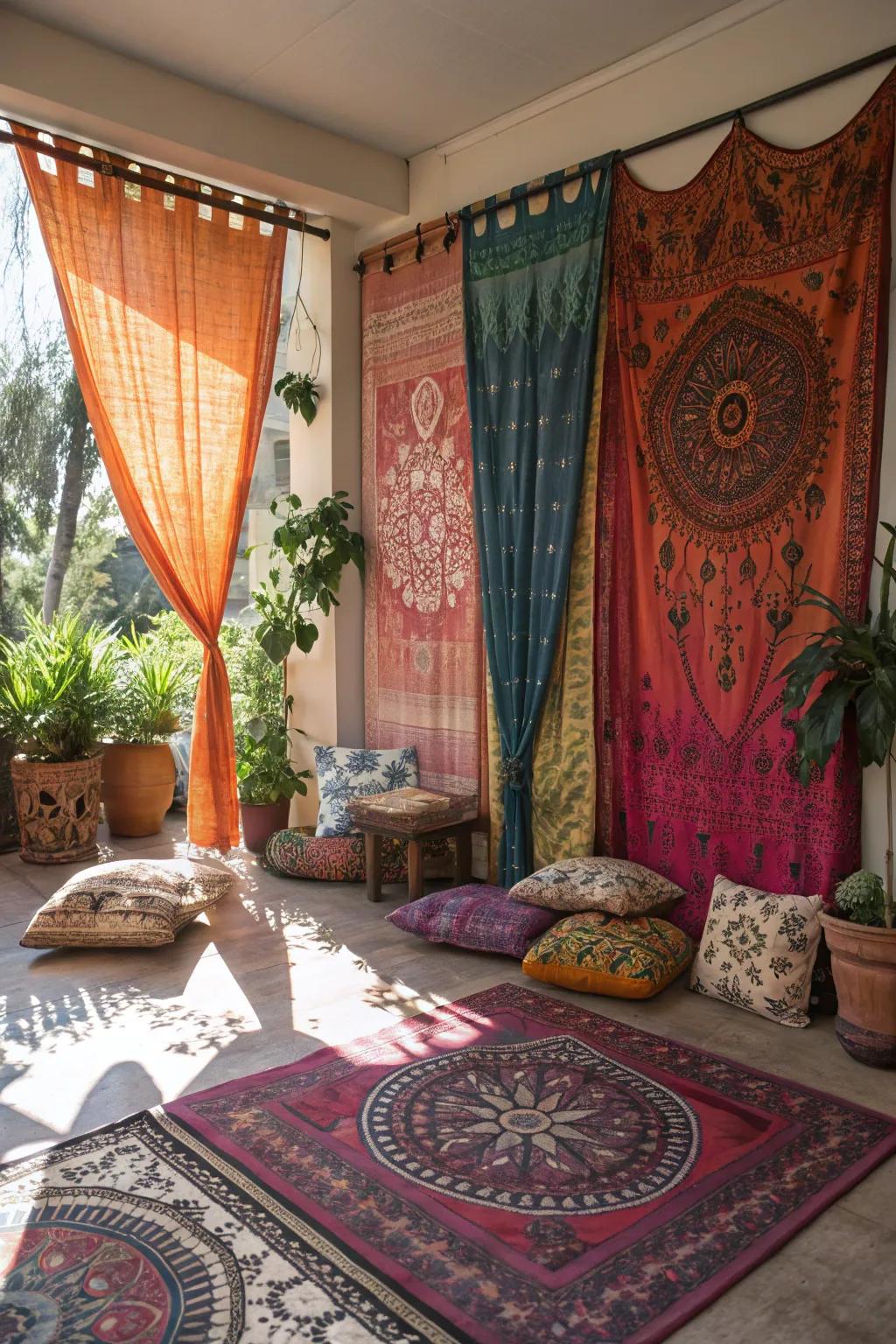 Bohemian flair achieved with radiant tapestry-style curtains.