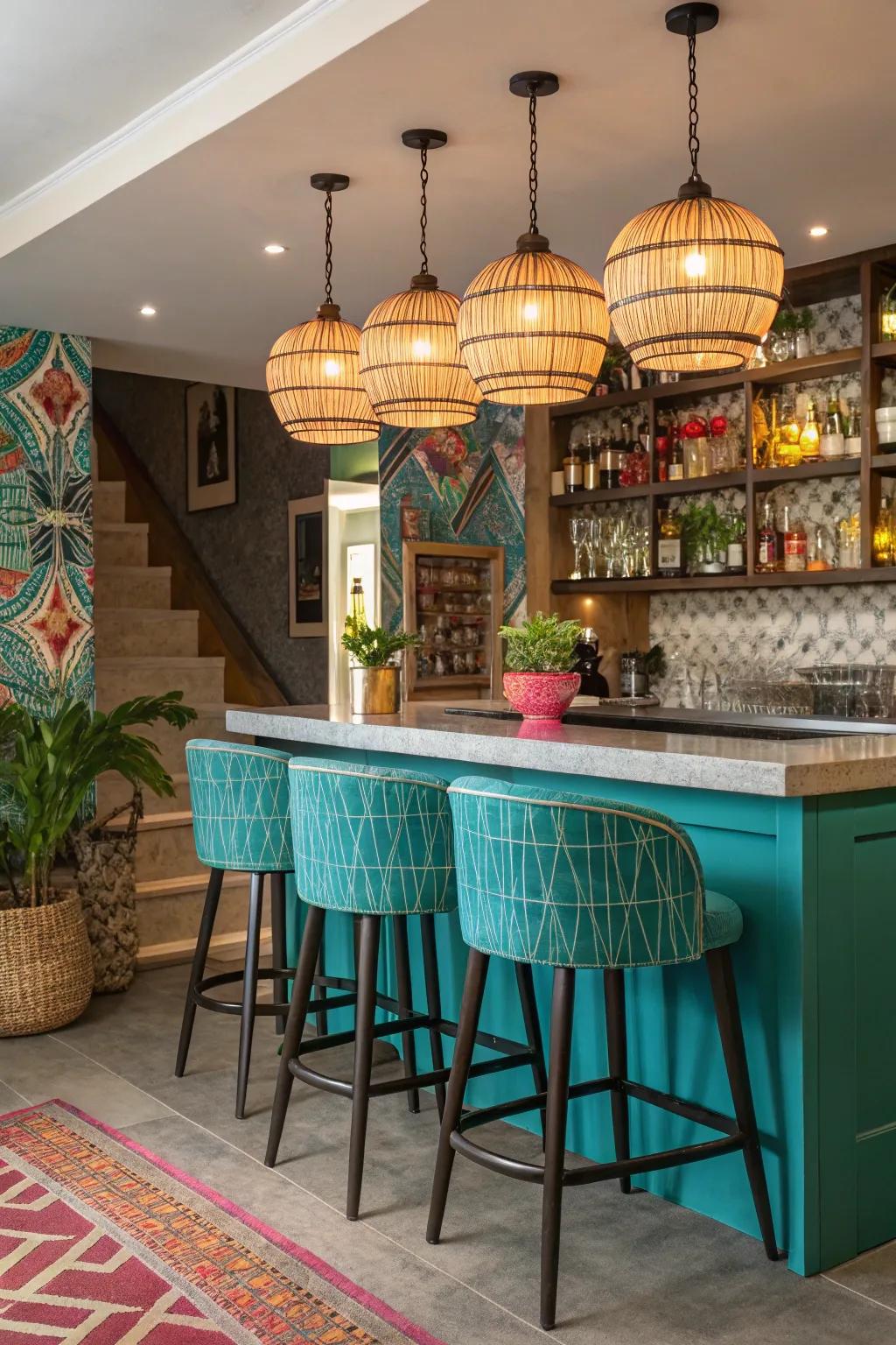 An eclectic home bar featuring bold color accents and unique lighting.