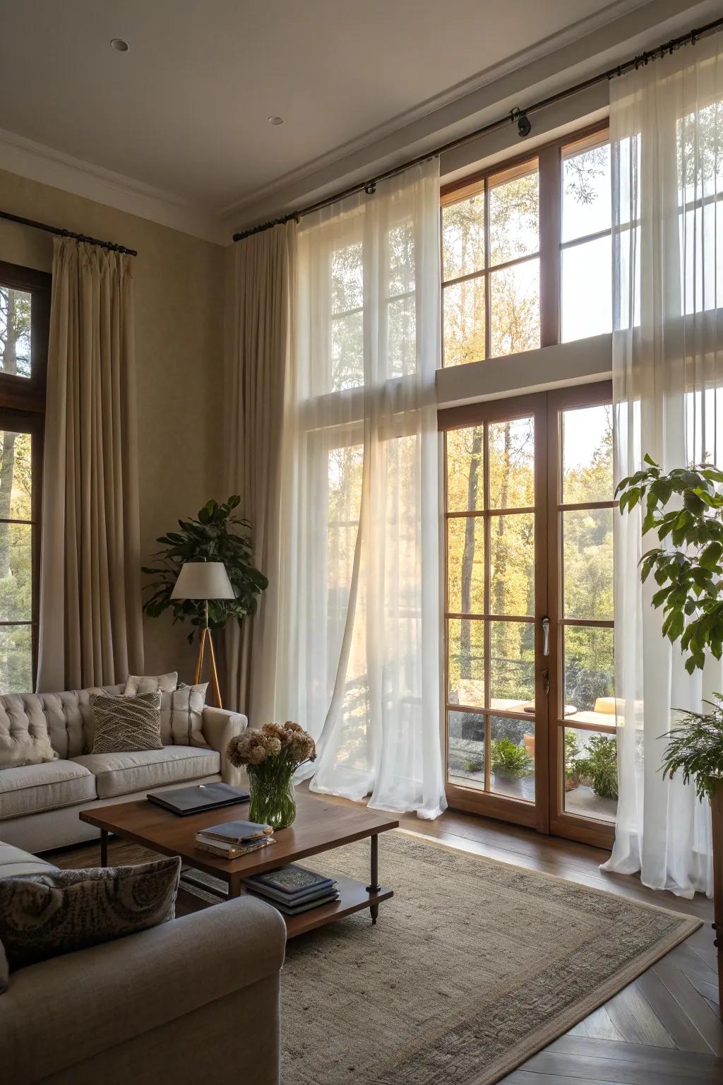 Airy curtains permit natural illumination to saturate the space.