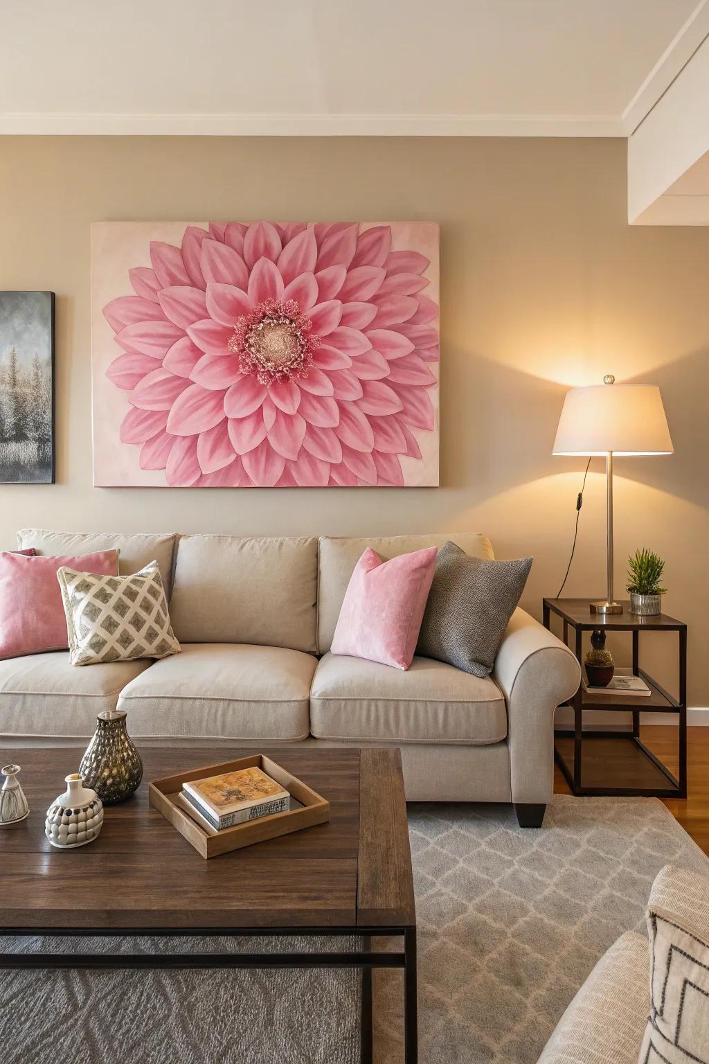 Rose wall adornments inject personality and color into the living room.