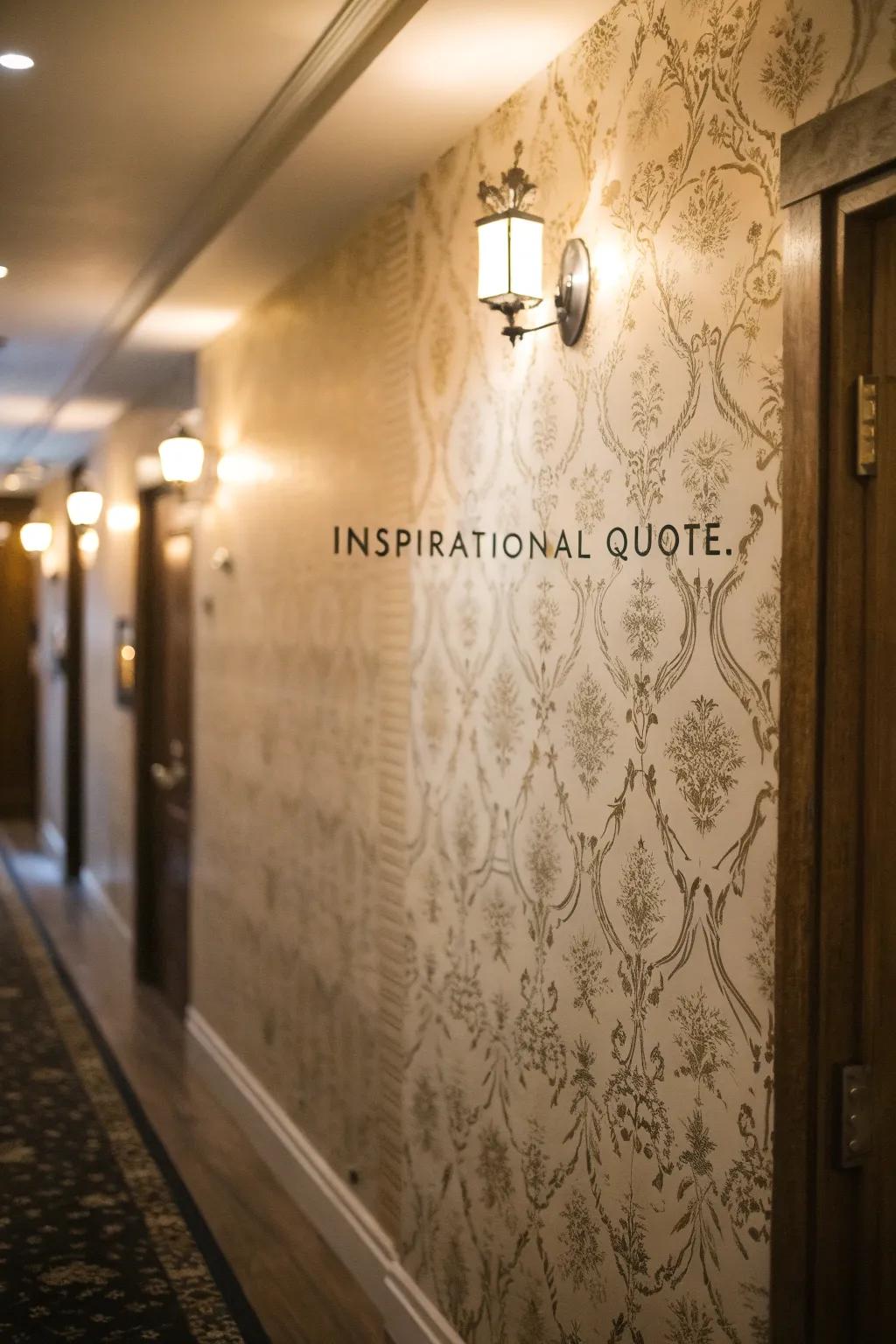An entranceway with wall covering displaying an uplifting statement for daily drive.
