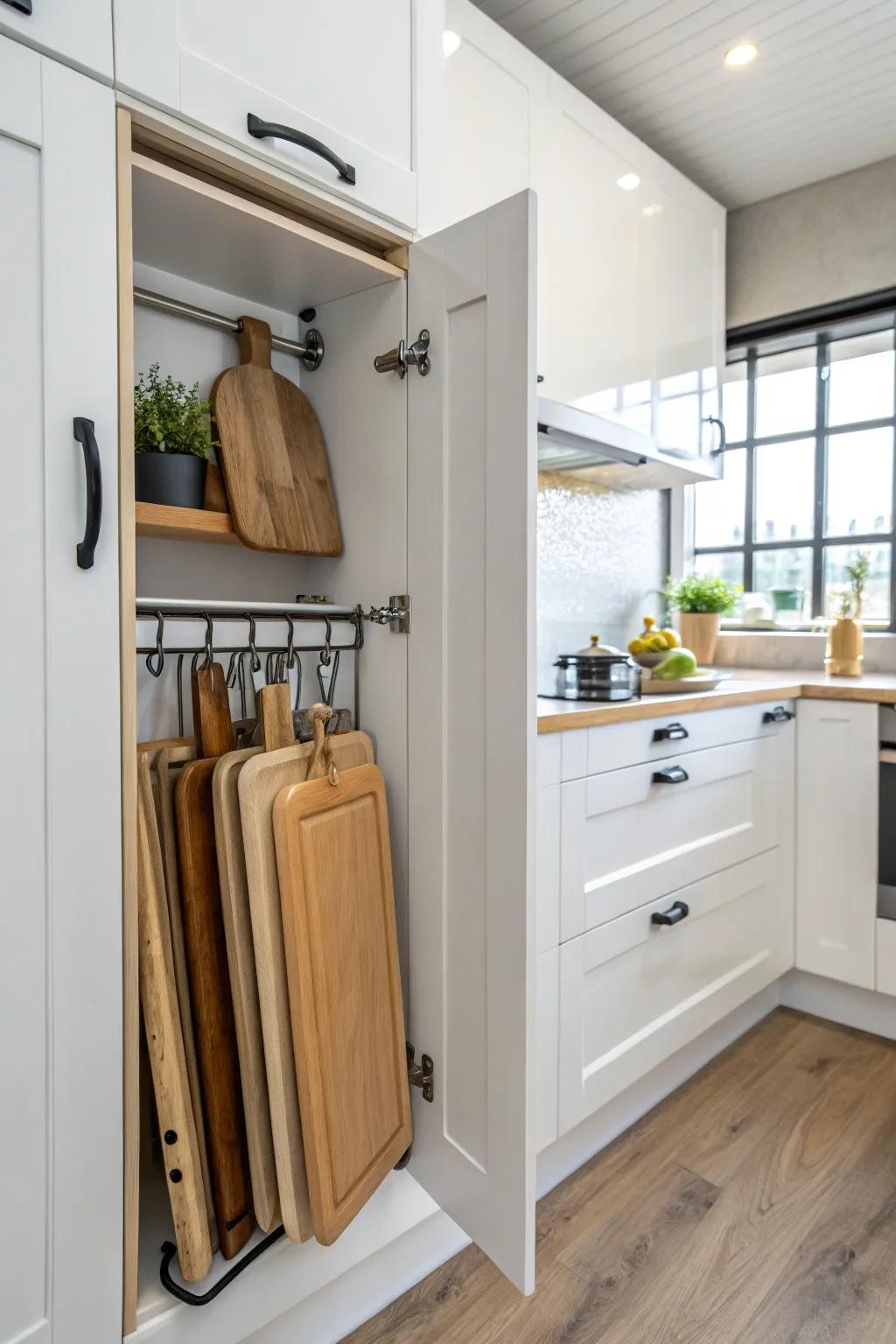 Interior cabinet door storage designed for cutting boards.