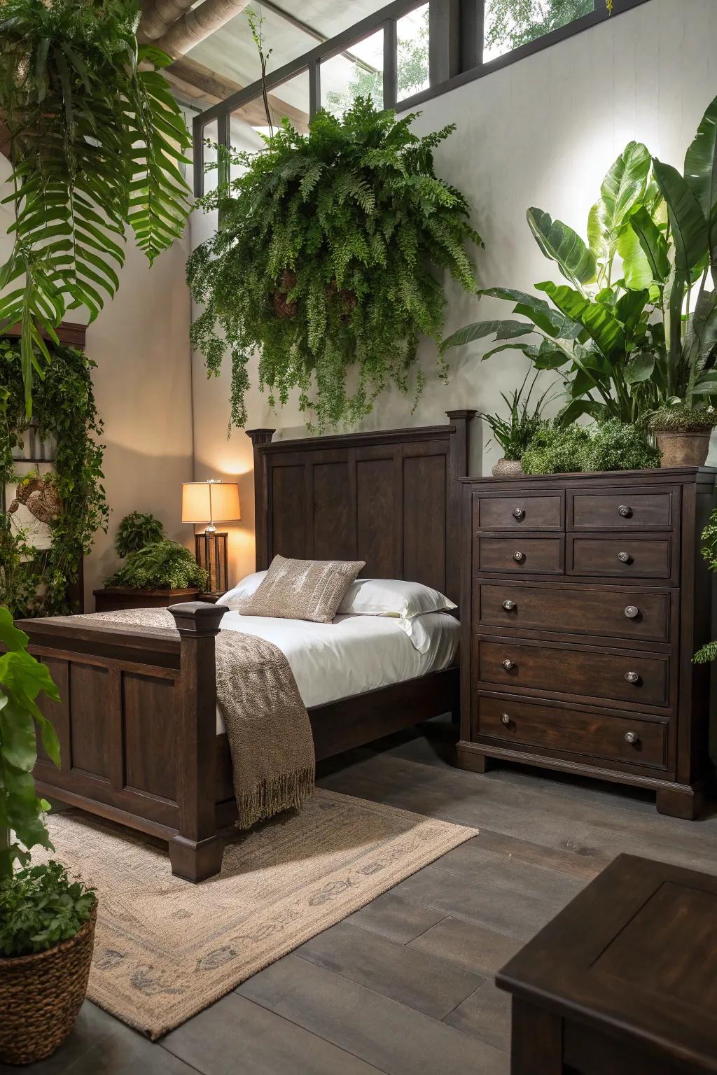 Botanical life infuses vitality and symmetry into a bedroom styled in brown.