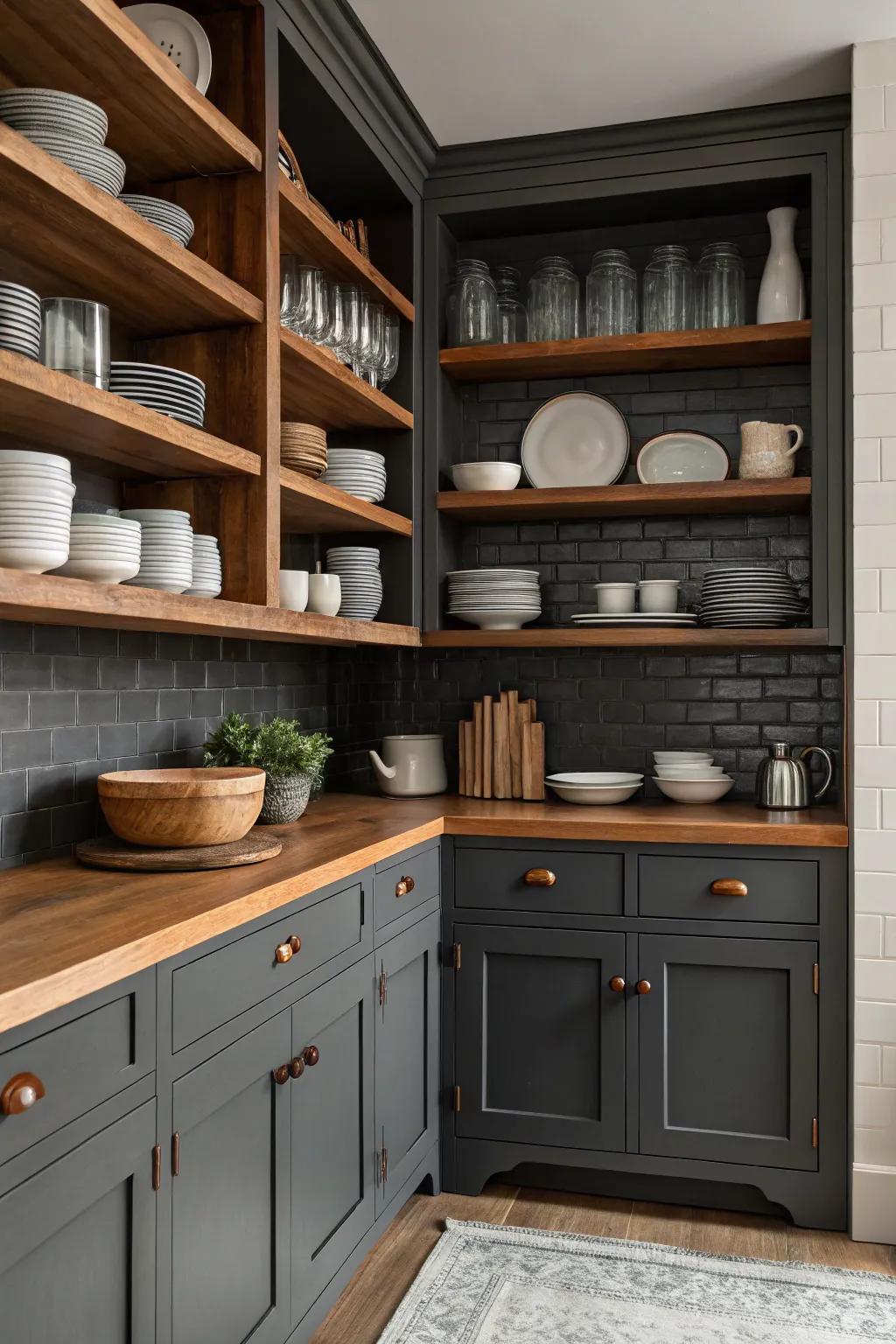 Charcoal-toned cabinets enhanced by display shelves showcasing elegant dishware.