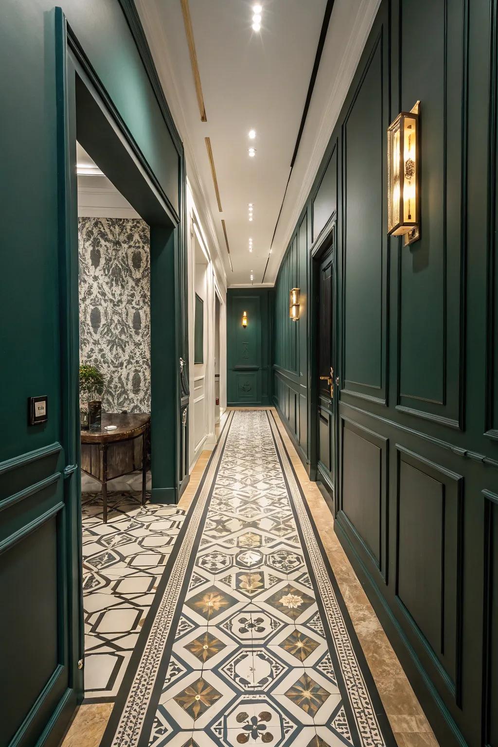 Geometric tiles inject a pattern into this hallway colored in dark green.