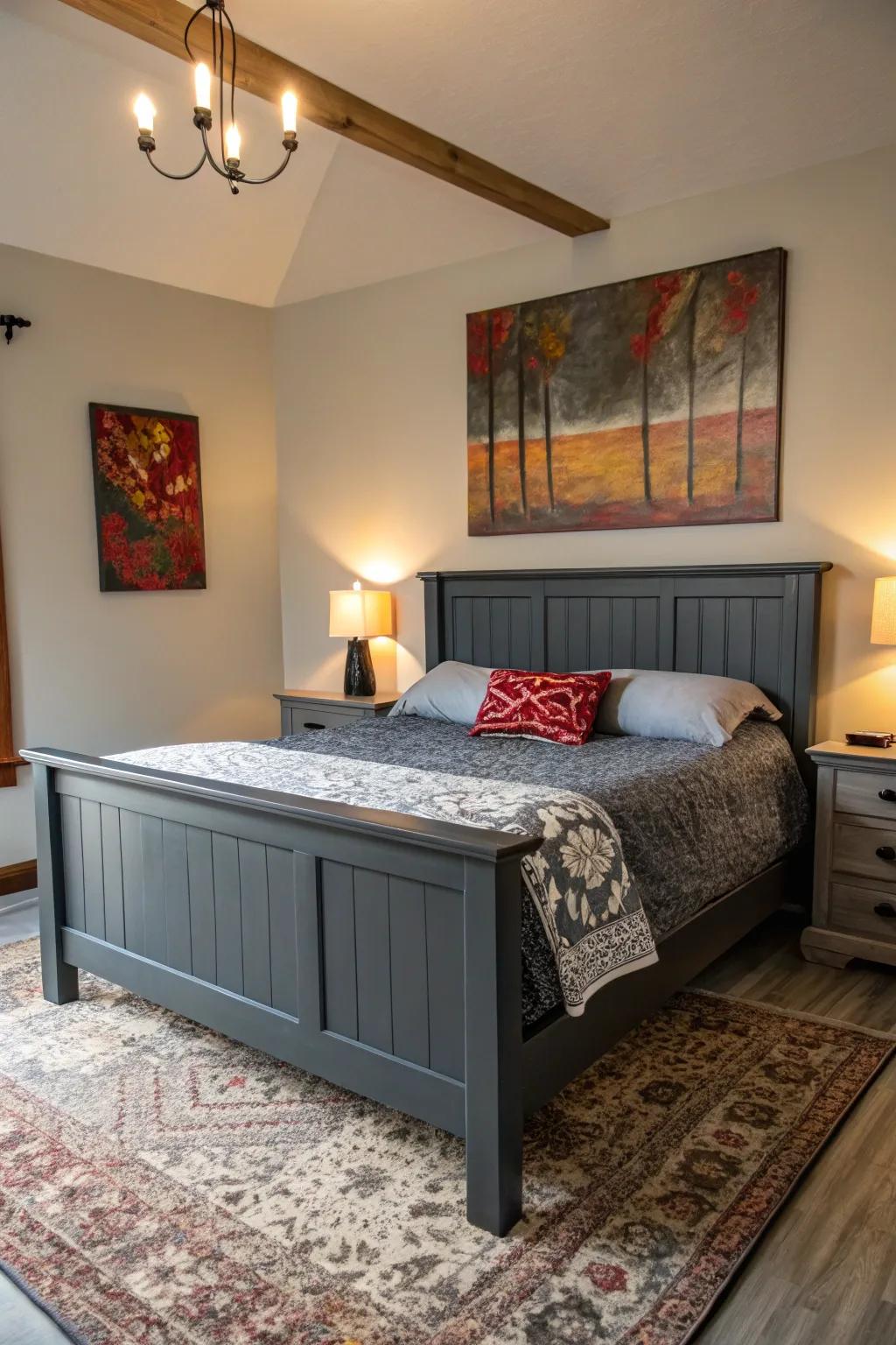 A bedroom with a dark grey bed frame enhanced by bold artwork.