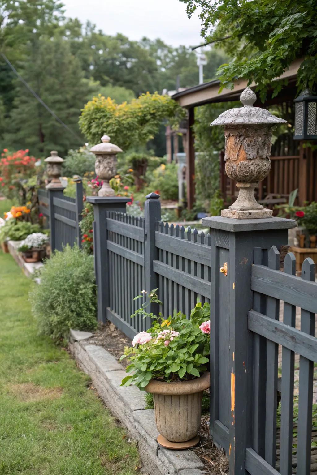 A charcoal-toned fence matched with rustic wooden details and vintage garden decor.