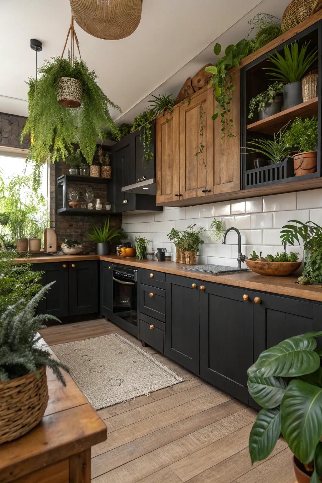 Timber accents and greenery contribute warmth to dark kitchen cabinets.