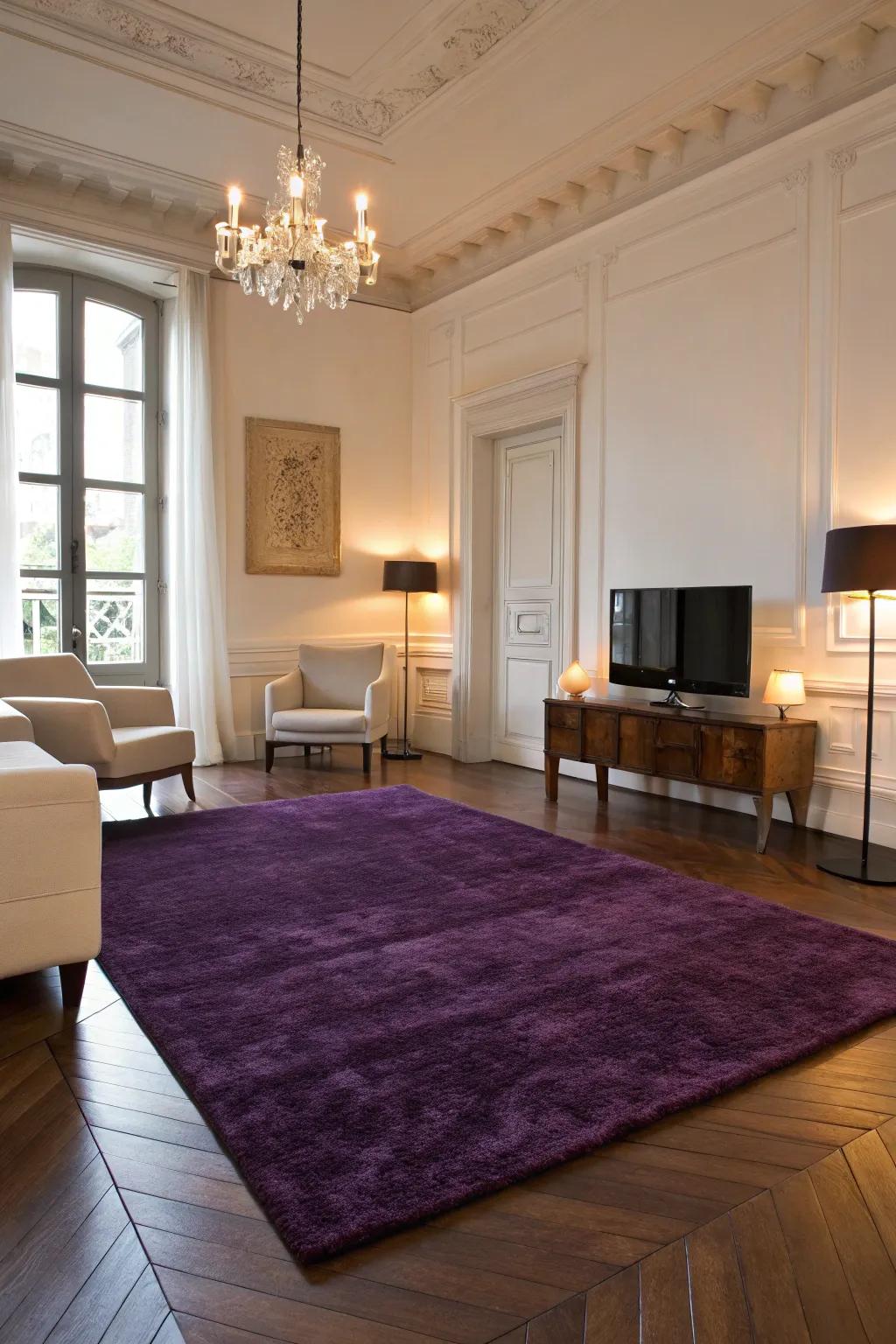 A deep violet rug enriches the texture and cohesion of this minimalist living area.