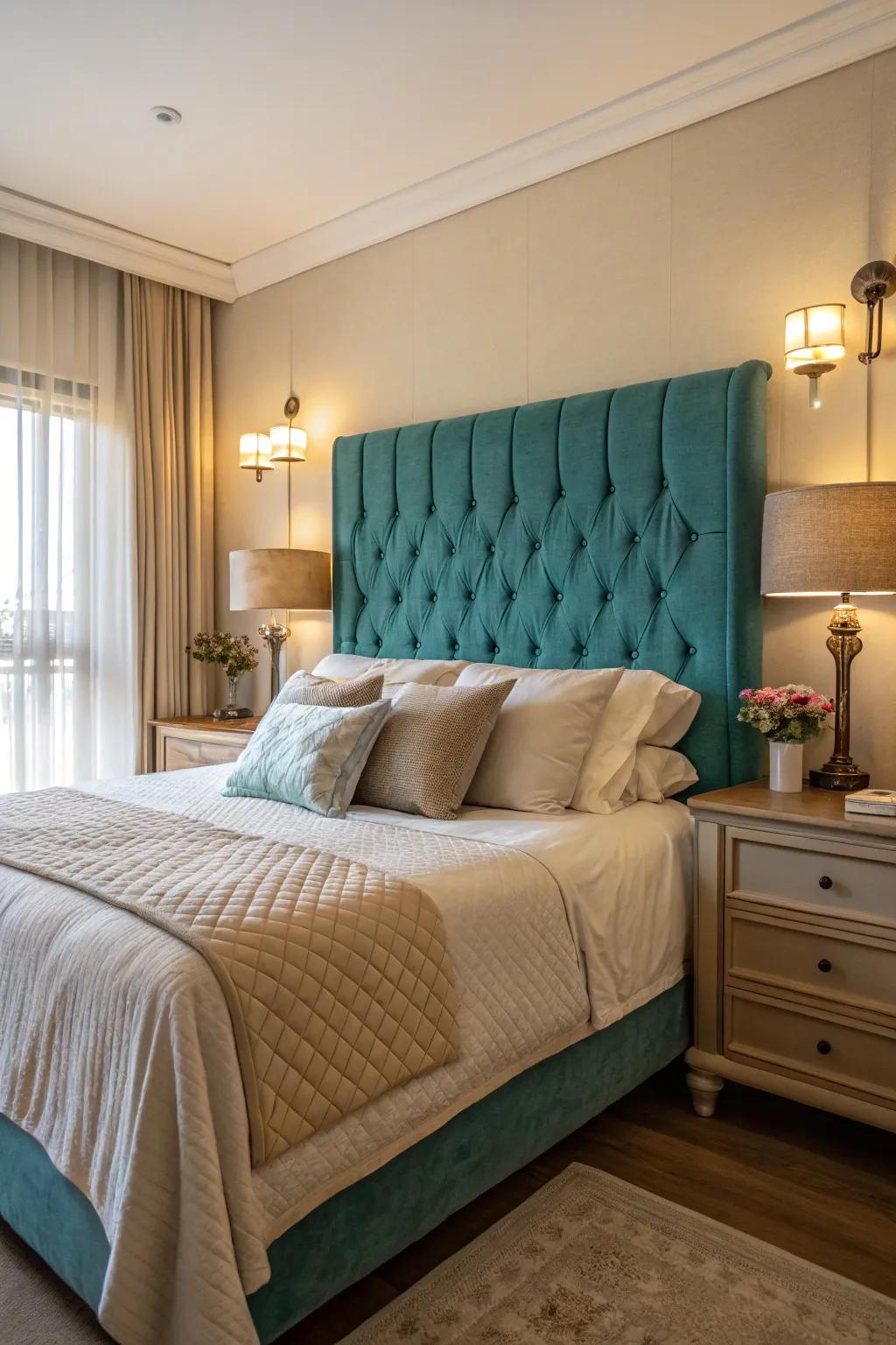 A teal designed headboard stands out as the main focal point.