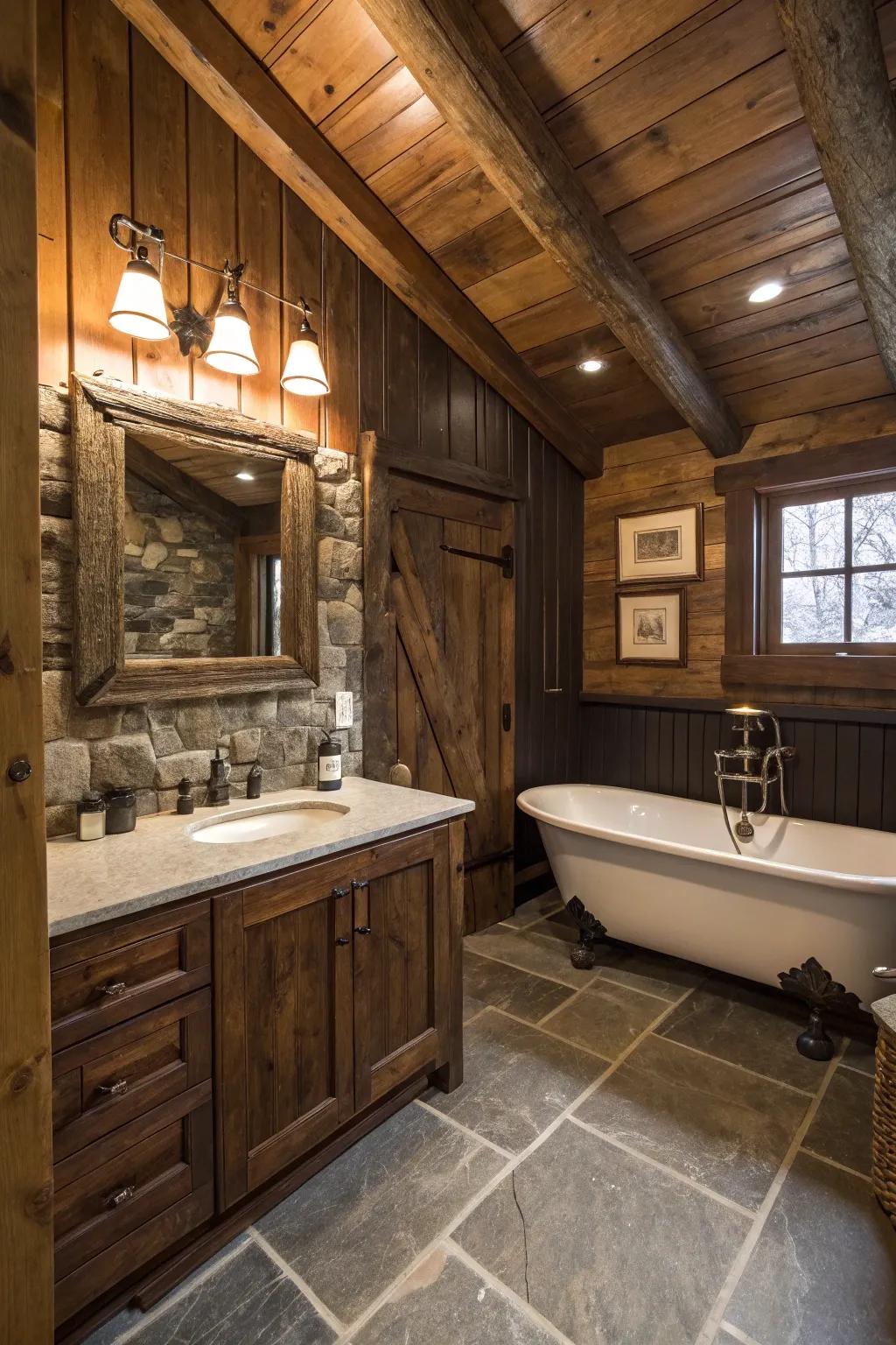 Natural wood panels deliver a textural backdrop to this captivating bathroom.