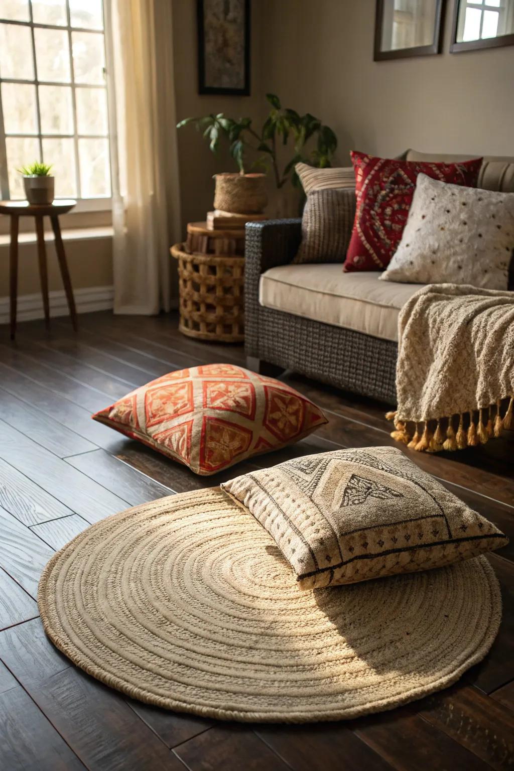 Textural elements enhance the dimension of this living space with dark wood floors.