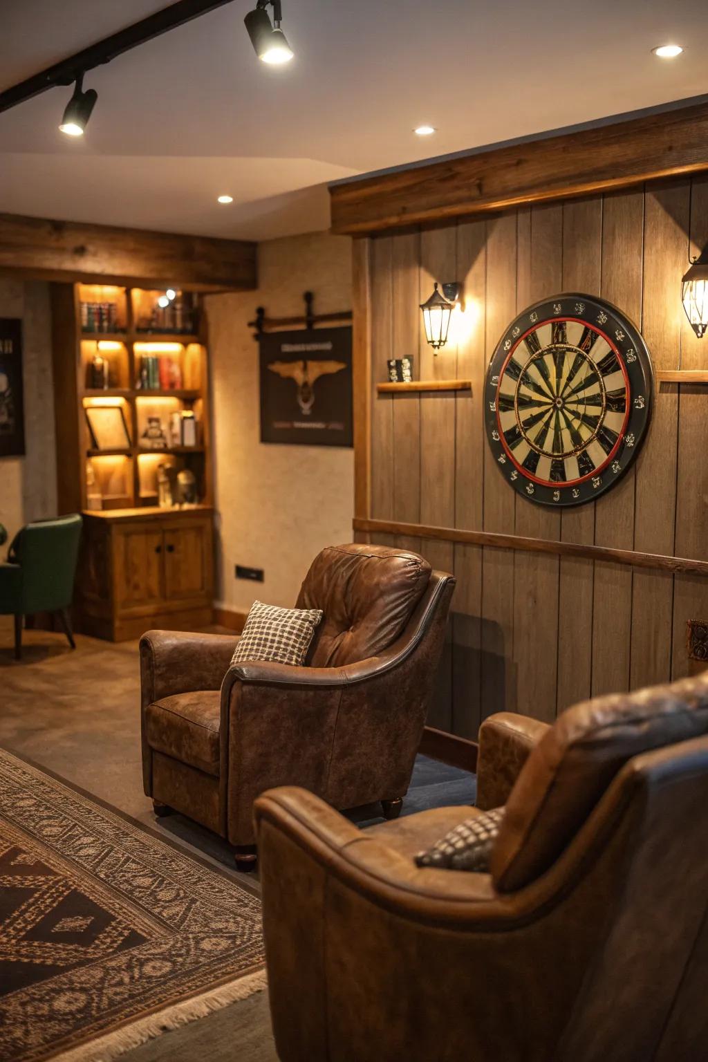 A personal retreat featuring a dart board for relaxation.