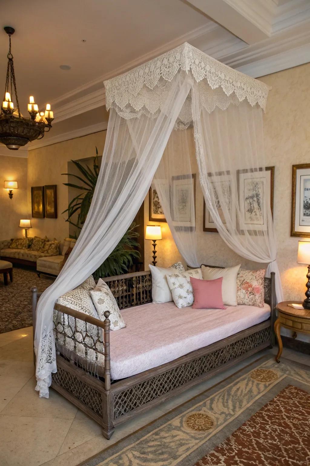 A canopy introducing a dramatic flair to this sophisticated daybed design.