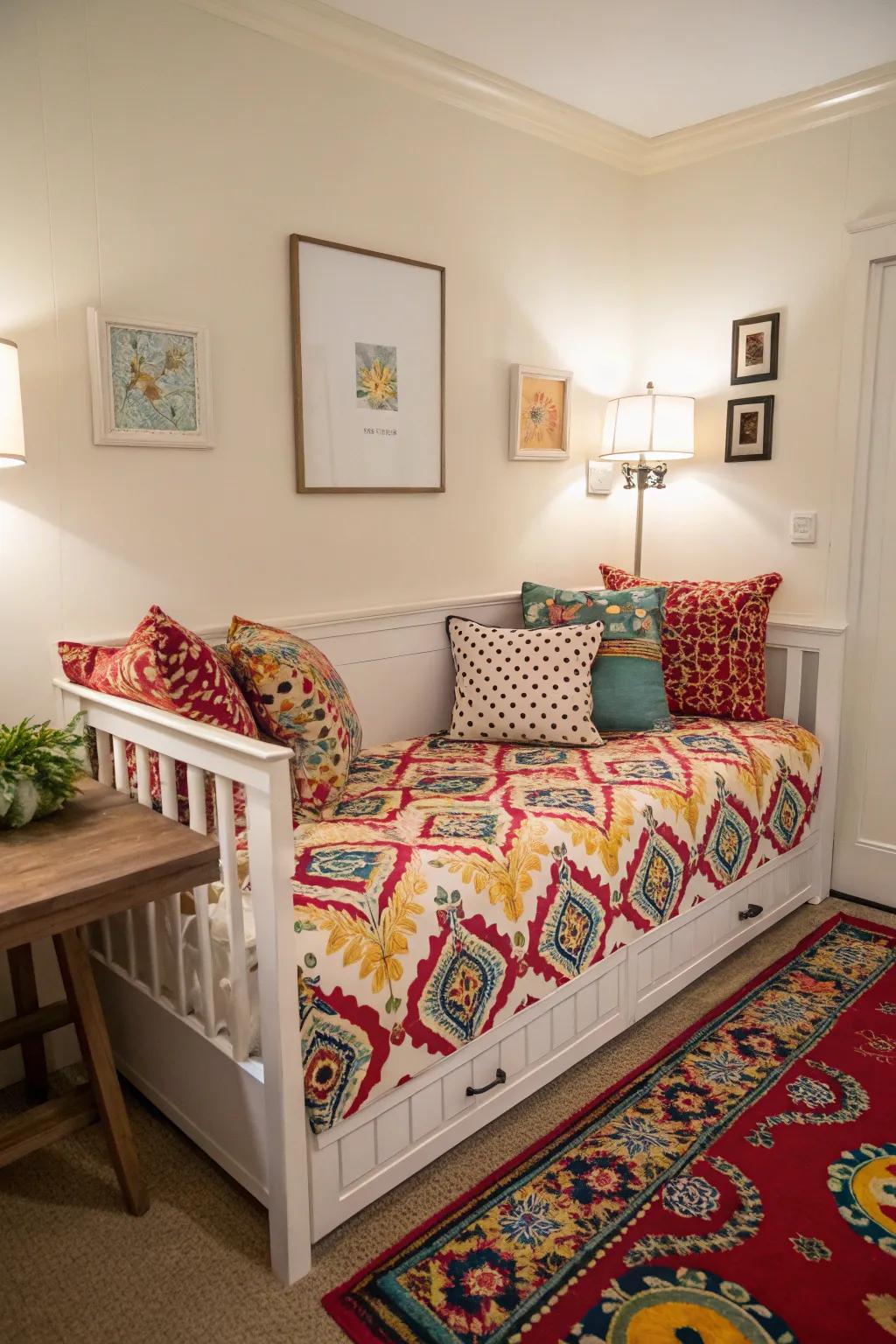 Create a bold statement with a daybed featuring vibrant patterns.