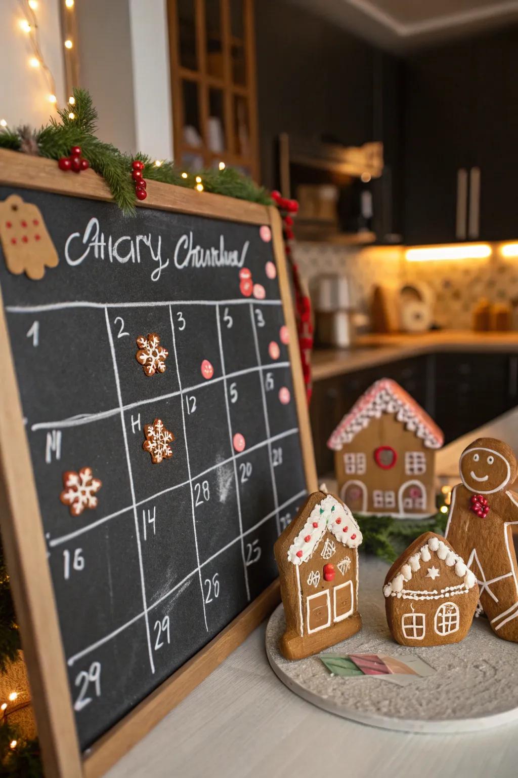 A fanciful gingerbread-themed chalkboard calendar.